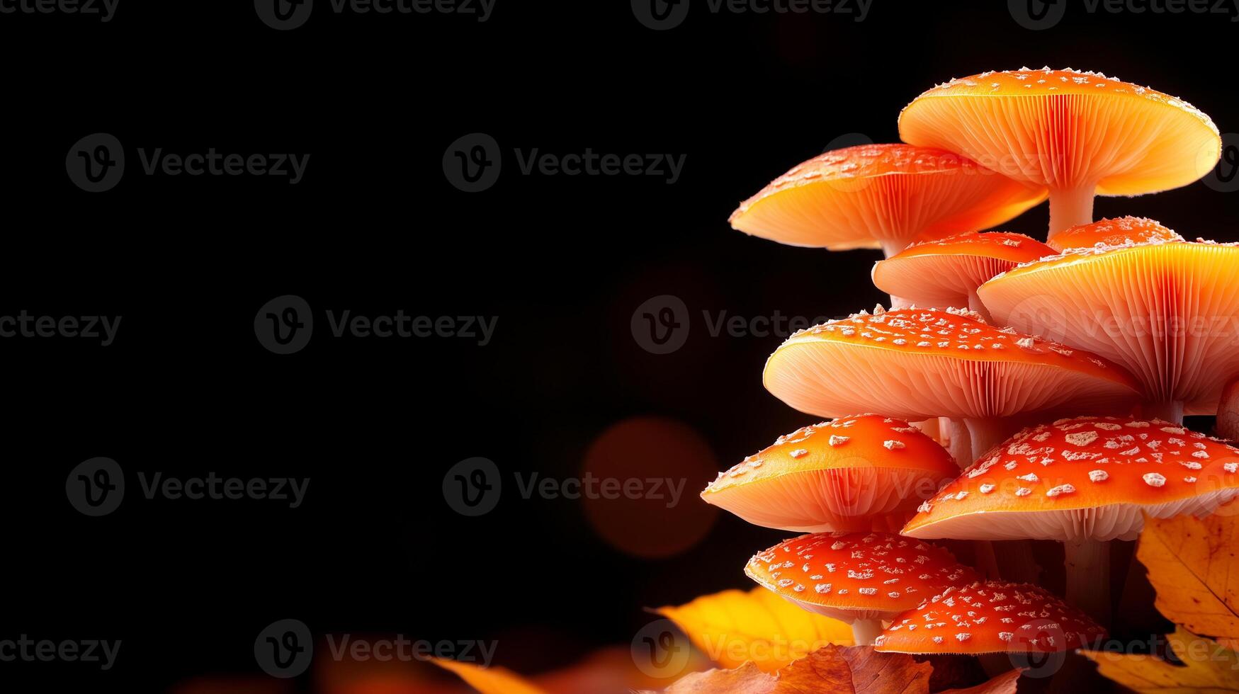 Vibrant orange mushrooms with droplets glisten against dark background, surrounded by autumn leaves, creating captivating and enchanting scene photo