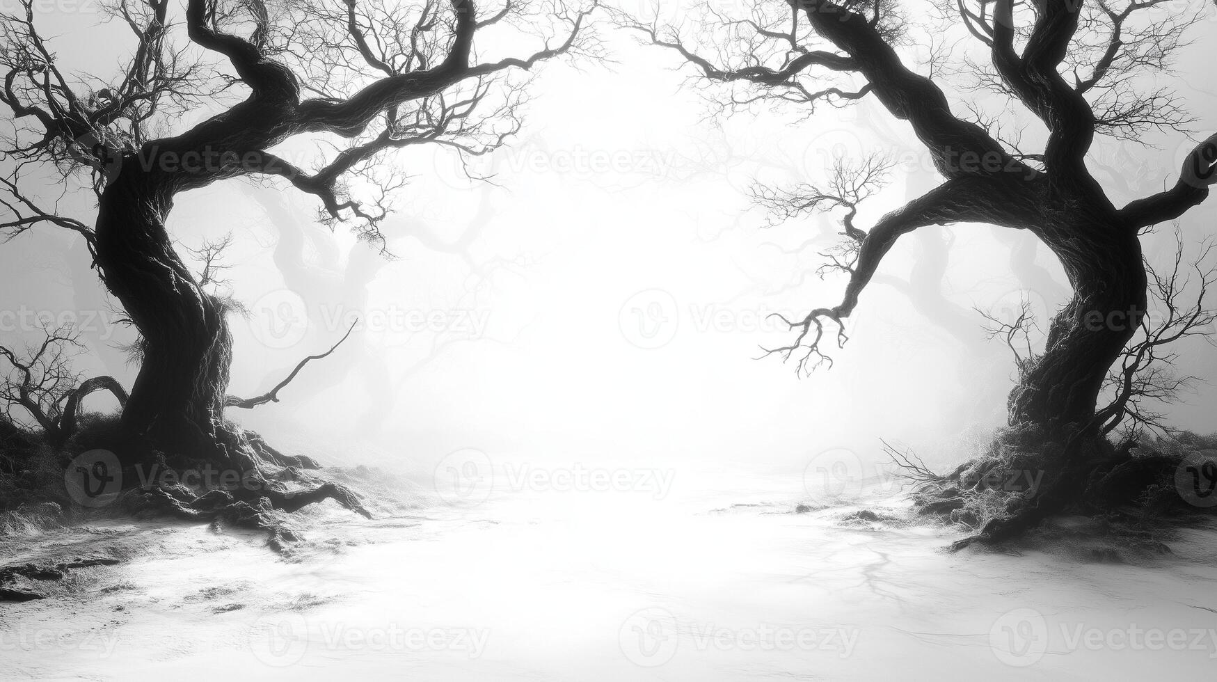 hauntingly beautiful landscape featuring twisted, gnarled trees emerging from misty, ethereal background. stark contrast between dark branches and bright fog creates mysterious atmosphere photo