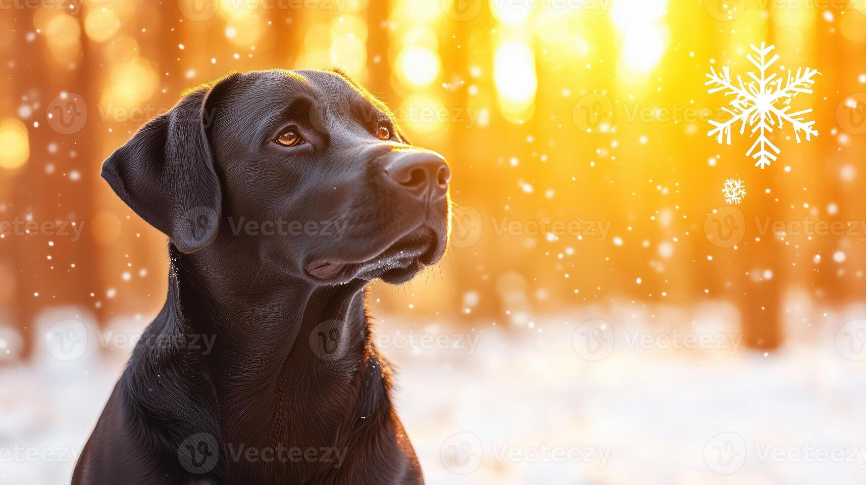 black dog gazes thoughtfully at falling snowflakes in sunlit forest, creating serene and magical winter atmosphere photo