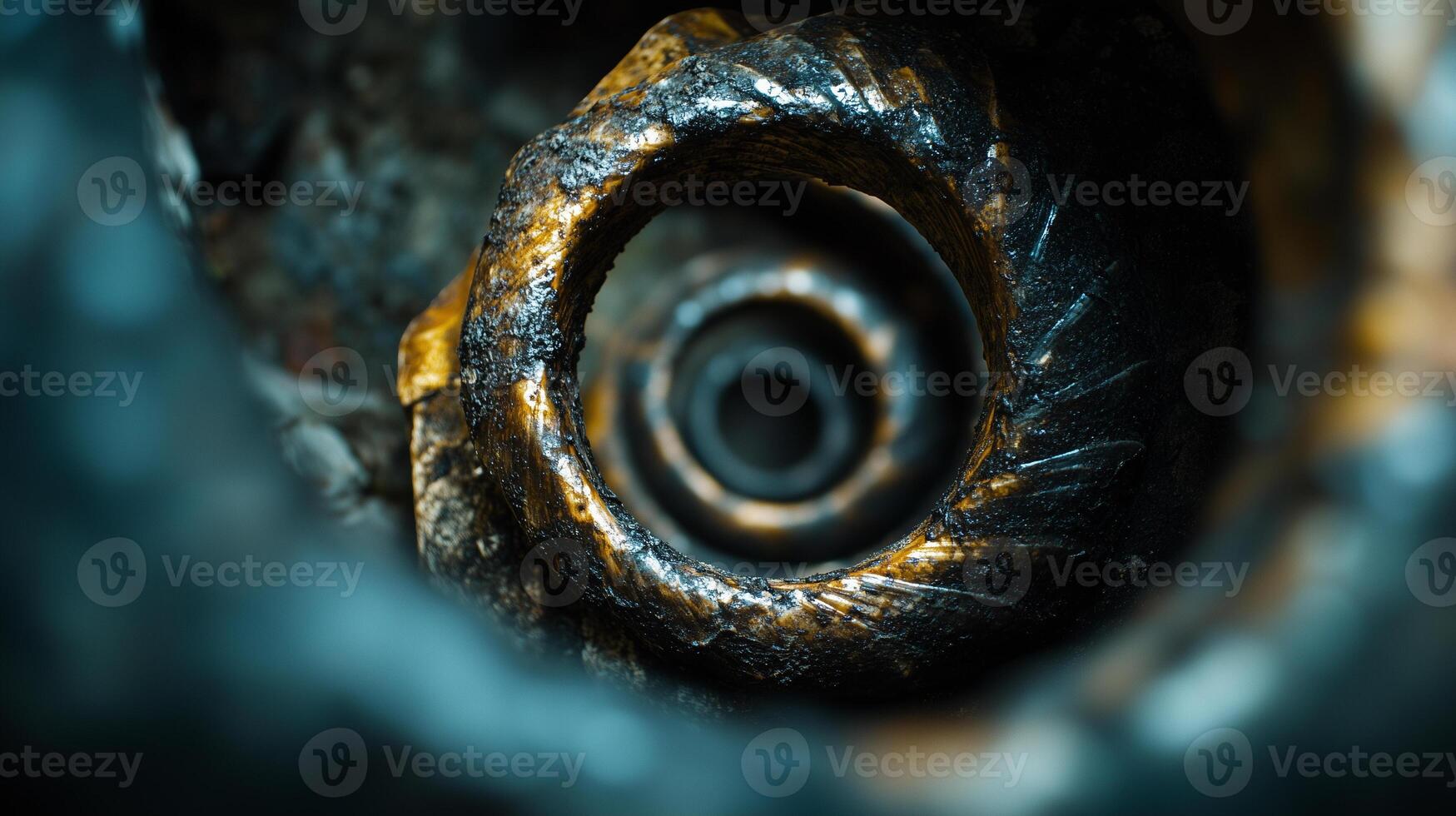 close up view of spiral metal structure, showcasing intricate textures and sense of depth. metallic surface displays wear and age, evoking feeling of industrial history and craftsmanship photo