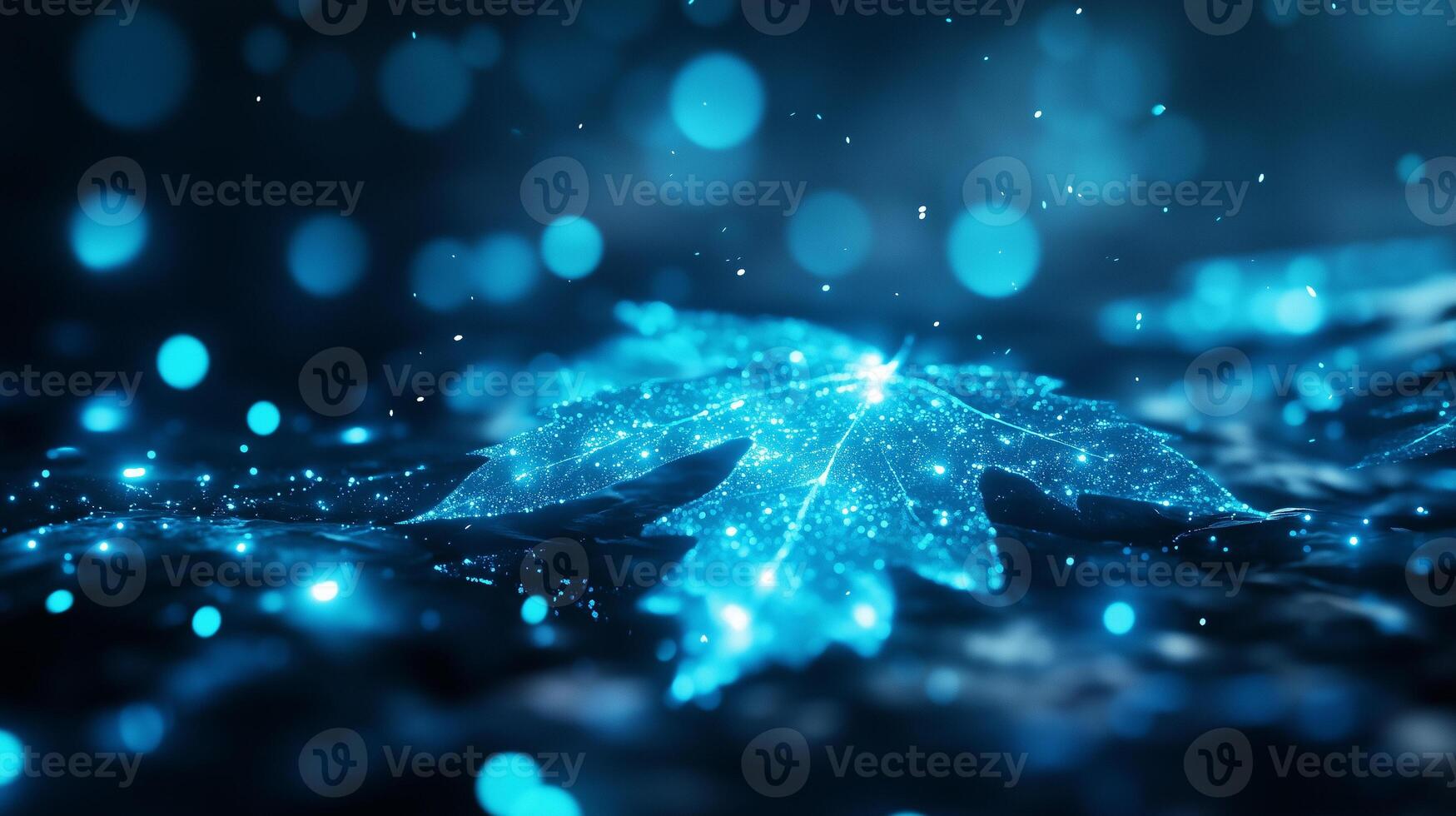 shimmering blue leaf rests on reflective surface, surrounded by glowing particles that create magical atmosphere. interplay of light and color evokes sense of wonder and tranquility photo