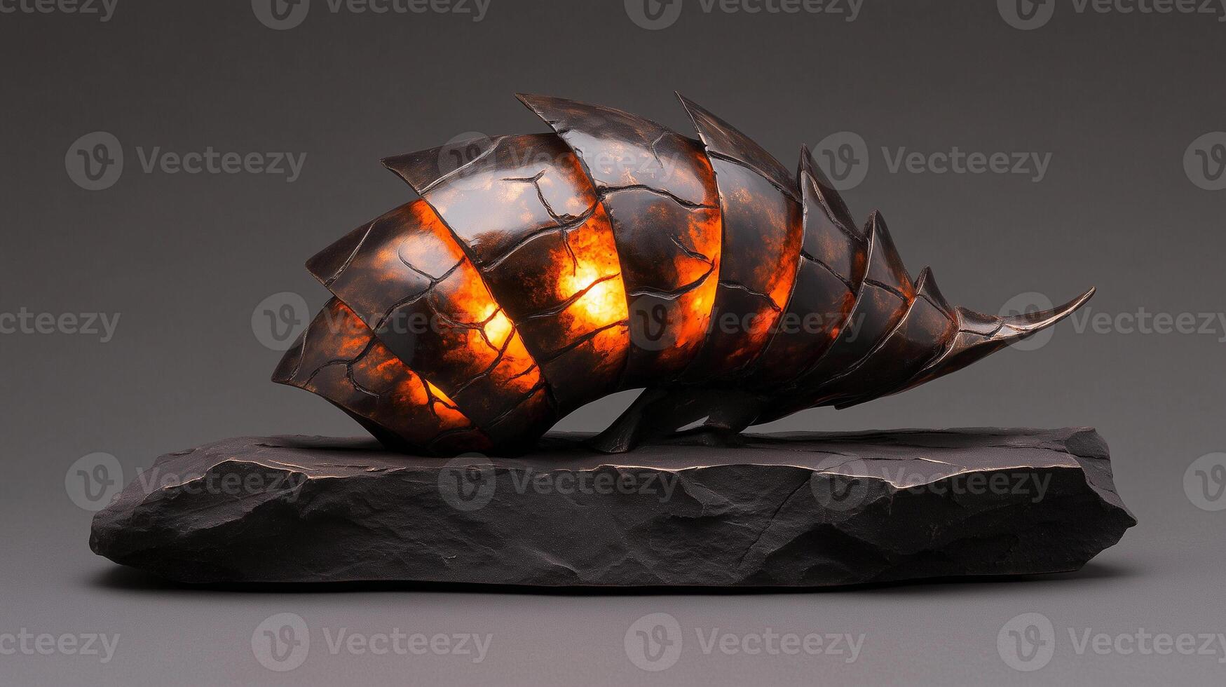 stunning metallic sculpture resembling shell, featuring intricate, flame like patterns that glow warmly. This artistic piece is set on textured stone base, creating captivating contrast photo