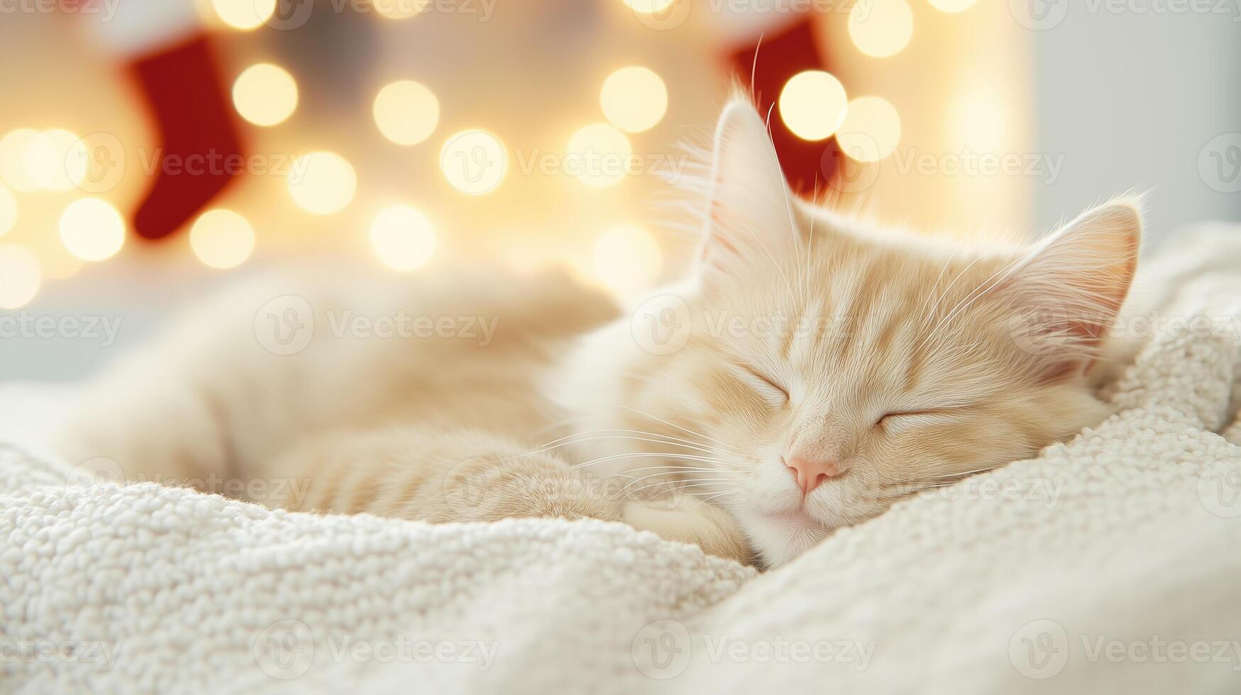 peaceful orange tabby cat sleeping on cozy blanket, surrounded by soft lights, creating warm and serene atmosphere photo