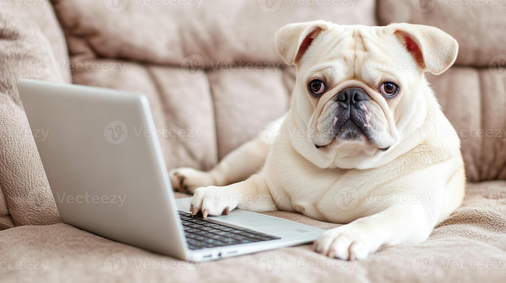 cute dog is lying on couch while using laptop, showcasing playful and curious expression. This scene captures charm of pets engaging with technology photo