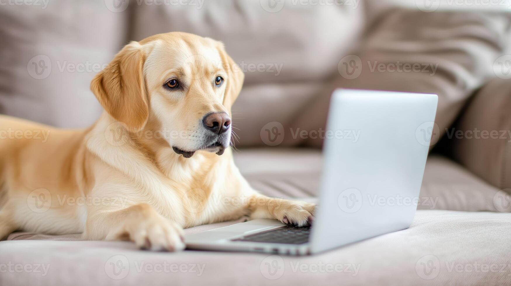 golden retriever dog is focused on laptop while lying on cozy sofa, showcasing curious and intelligent expression. This scene captures playful side of pets engaging with technology photo