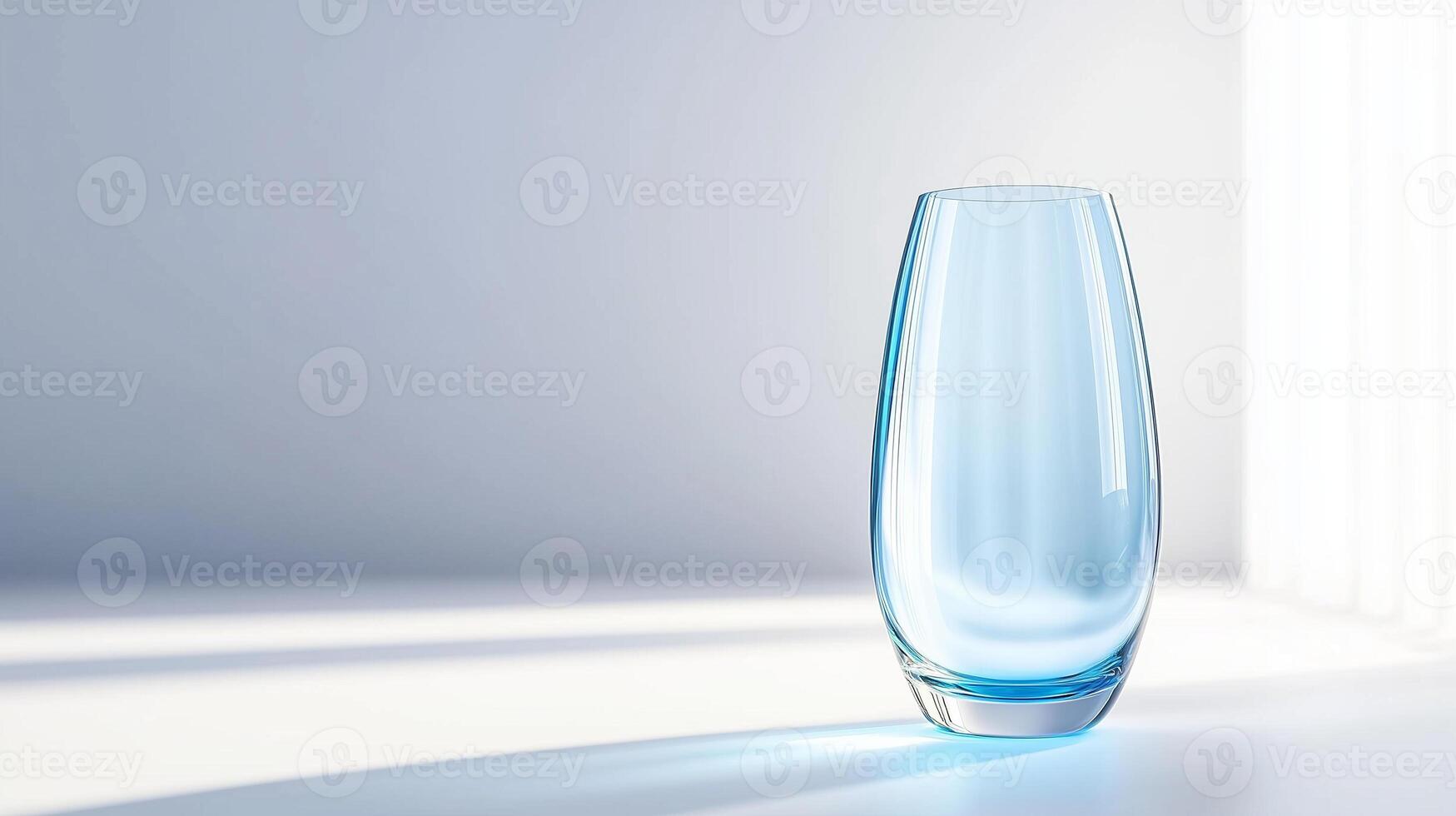 clear glass vase with modern design, reflecting light beautifully against soft background. elegant shape and subtle blue tint create serene atmosphere photo