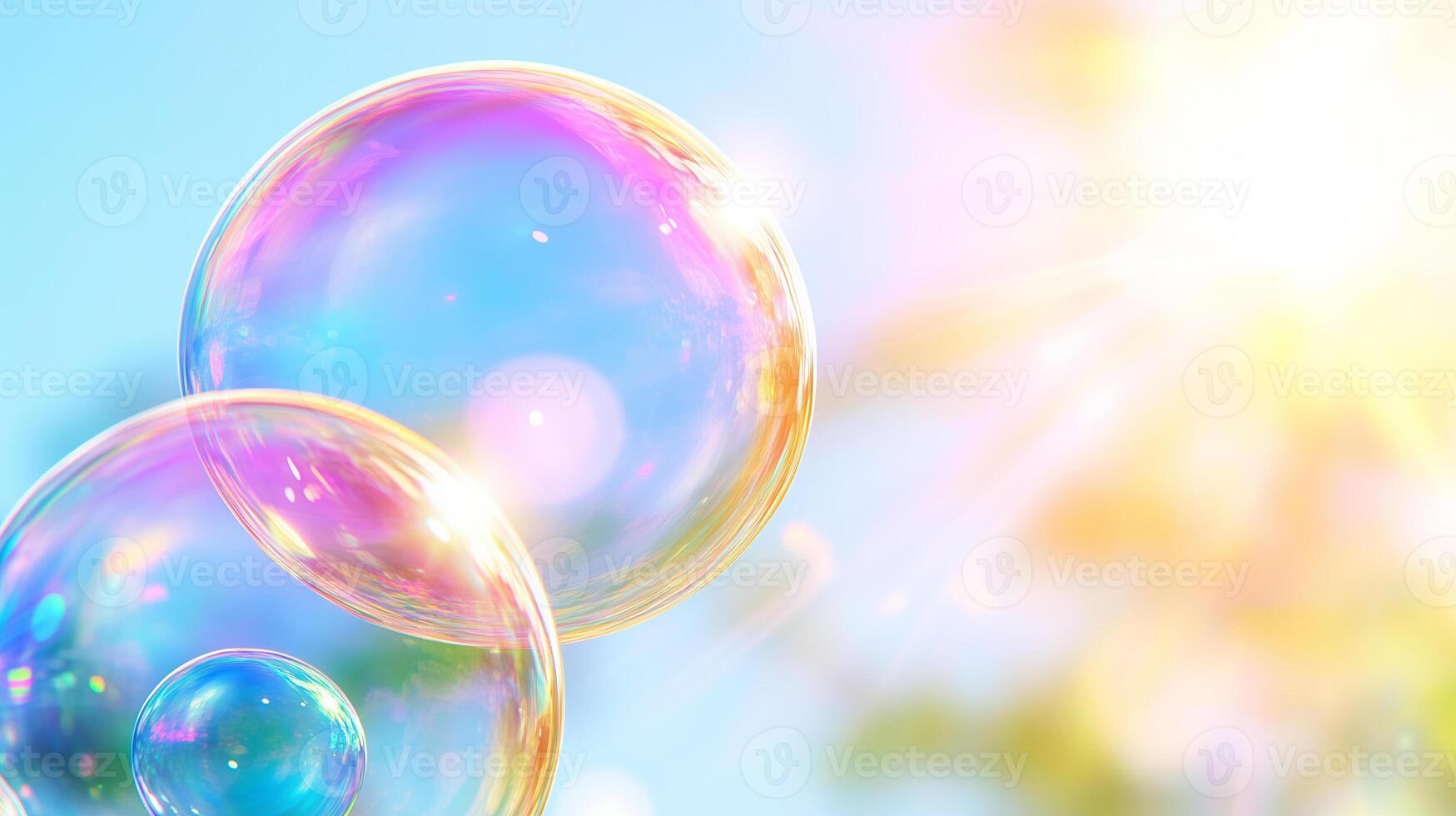 Bubbles float gracefully in bright blue sky, reflecting sunlight and creating colorful display. scene evokes sense of joy and playfulness, perfect for capturing essence of sunny day photo