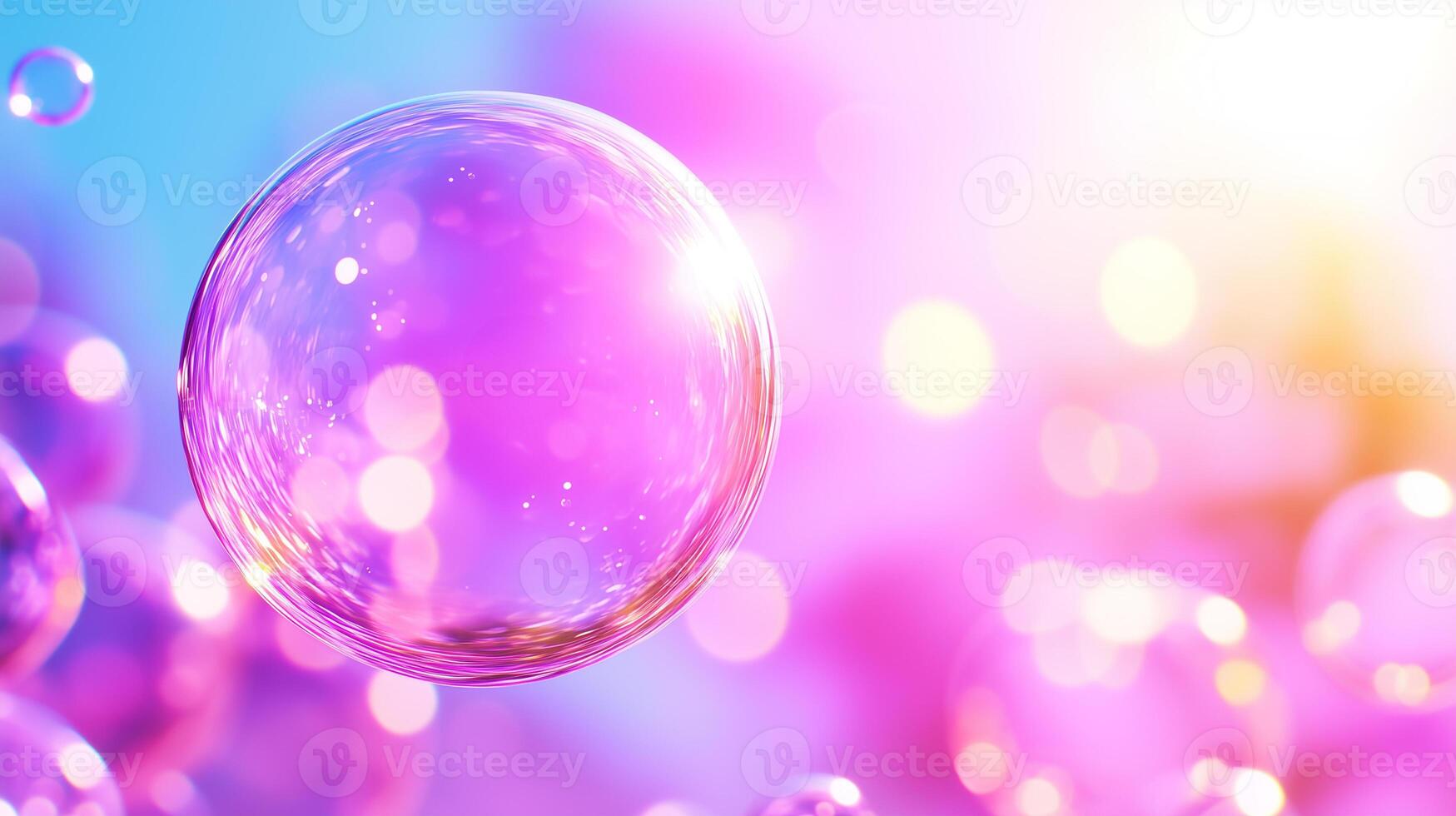 vibrant bubble floats gracefully against dreamy background of soft pink and blue hues, capturing essence of joy and playfulness. light reflects beautifully, creating magical atmosphere photo