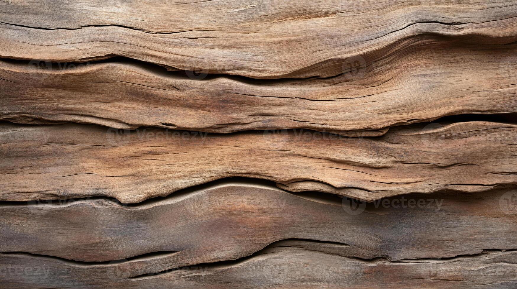 Textured wooden surface with natural waves and grooves, showcasing earthy tones and organic patterns. This evokes sense of warmth and nature photo