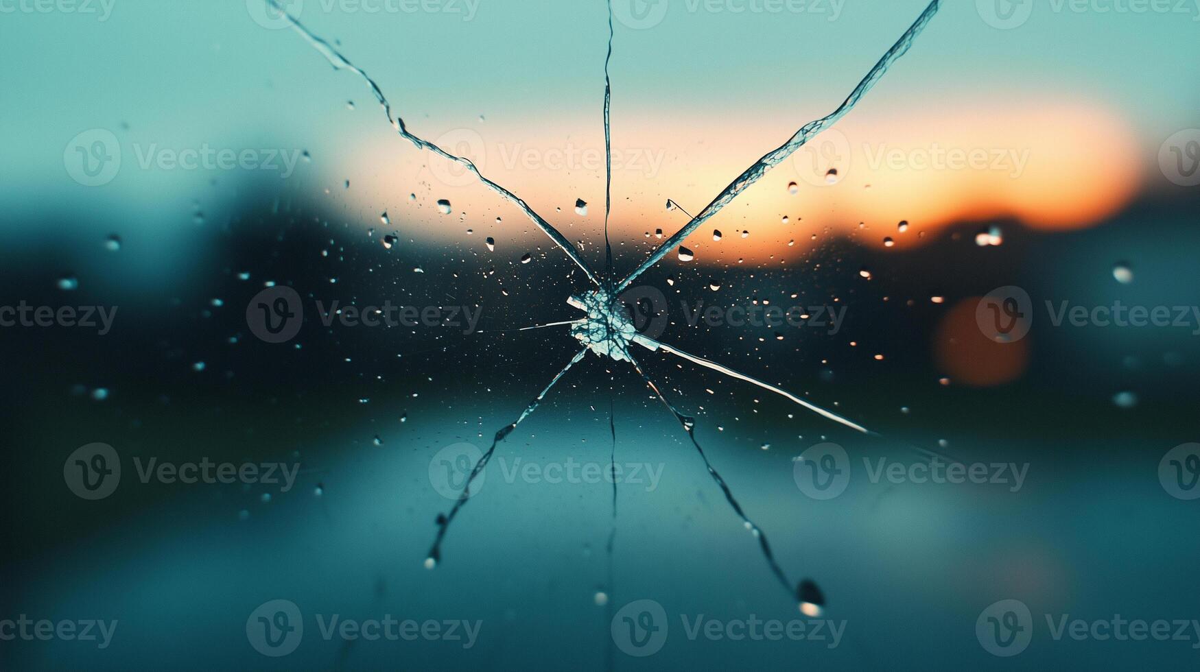 close up view of cracked glass surface with water droplets, showcasing intricate patterns and reflections. background features blurred sunset, creating dramatic and emotional atmosphere photo