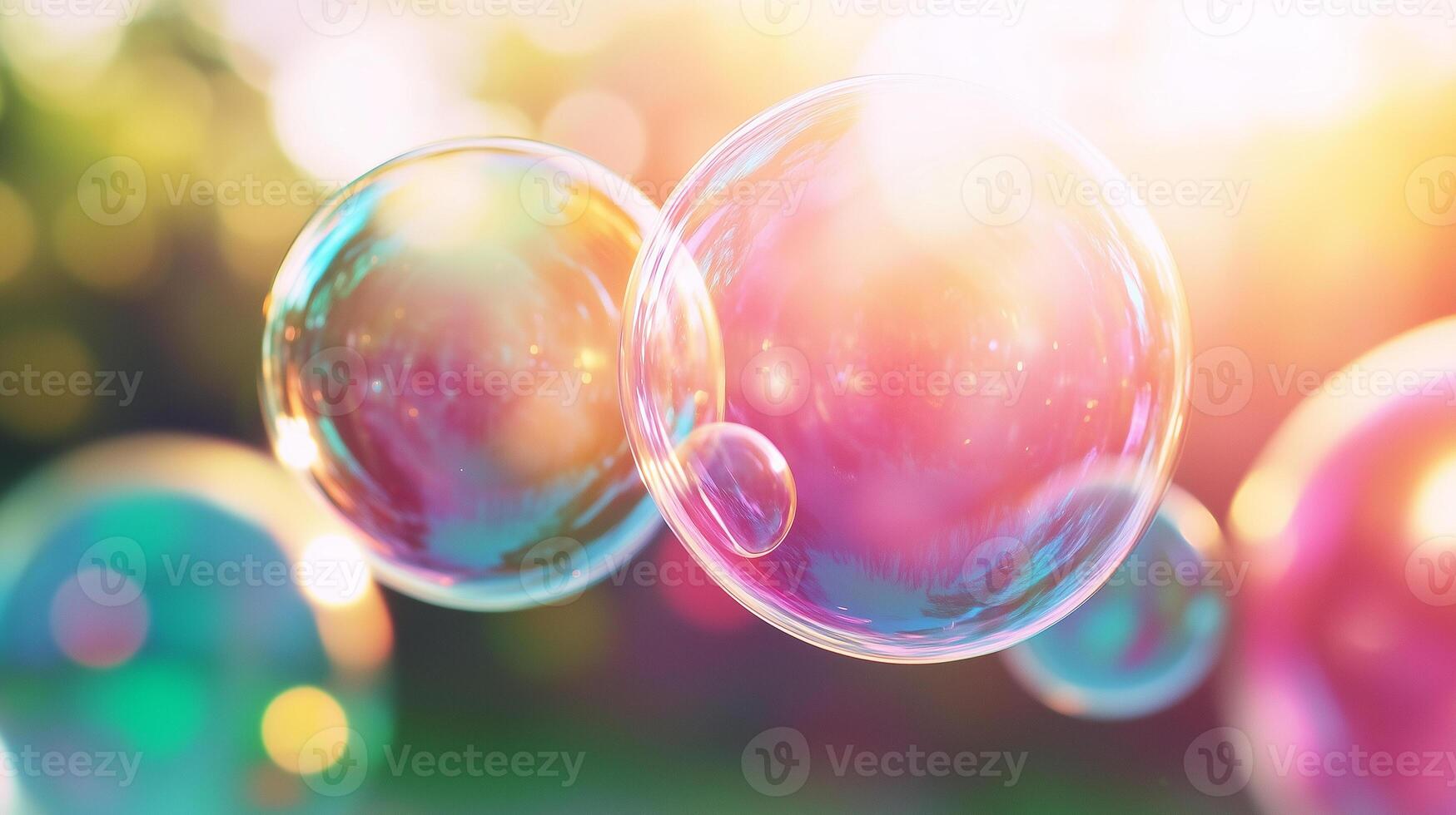 Bubbles float gracefully in vibrant, colorful background, capturing essence of joy and playfulness. sunlight reflects off their surfaces, creating magical atmosphere photo