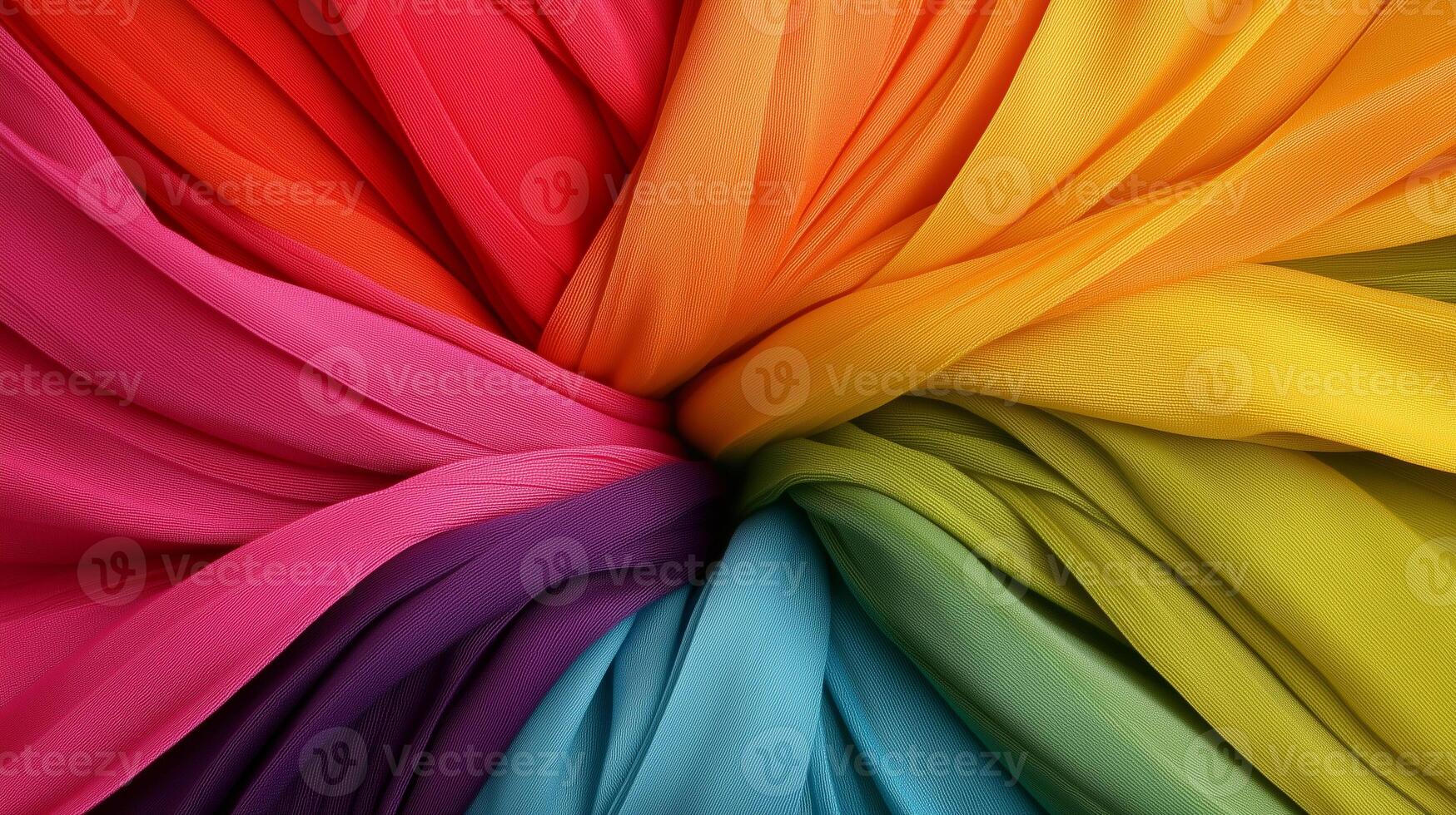 Vibrant and colorful fabric drapes create stunning visual display, showcasing spectrum of hues from red to blue. soft texture and flowing arrangement evoke sense of creativity and warmth photo