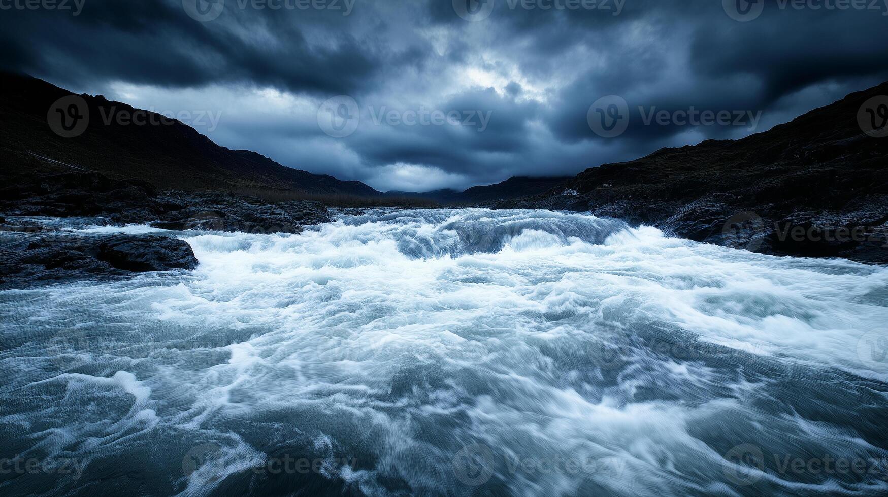 dramatic scene of turbulent waters rushing through rocky terrain under moody sky. powerful waves create sense of energy and movement, capturing raw beauty of nature photo