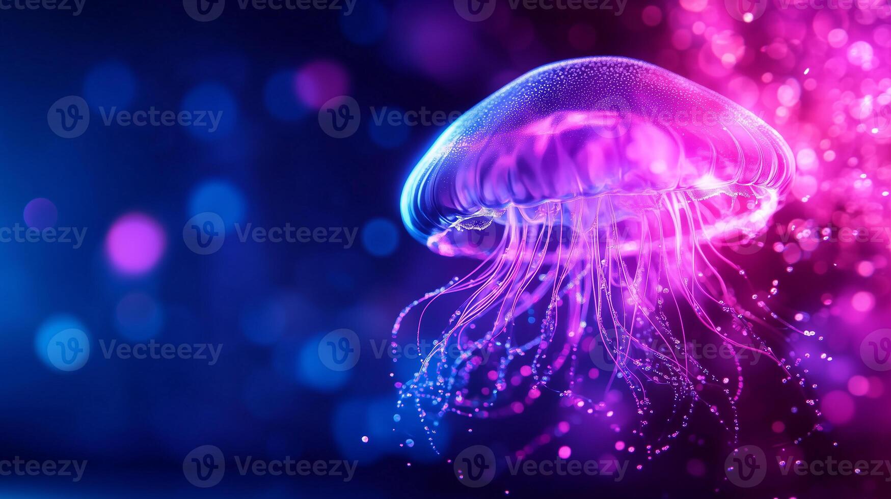 vibrant jellyfish glows in mesmerizing display of purple and blue hues, surrounded by sparkling bokeh lights that create magical underwater atmosphere photo
