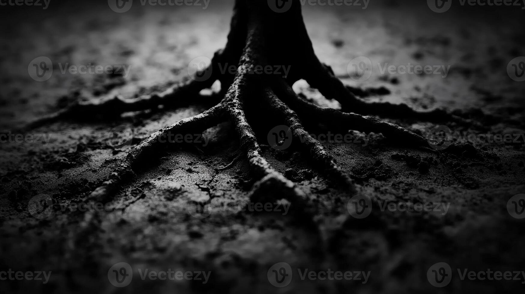 image captures intricate details of tree roots emerging from ground, showcasing stark contrast between dark roots and textured soil. scene evokes sense of natures resilience and beauty photo