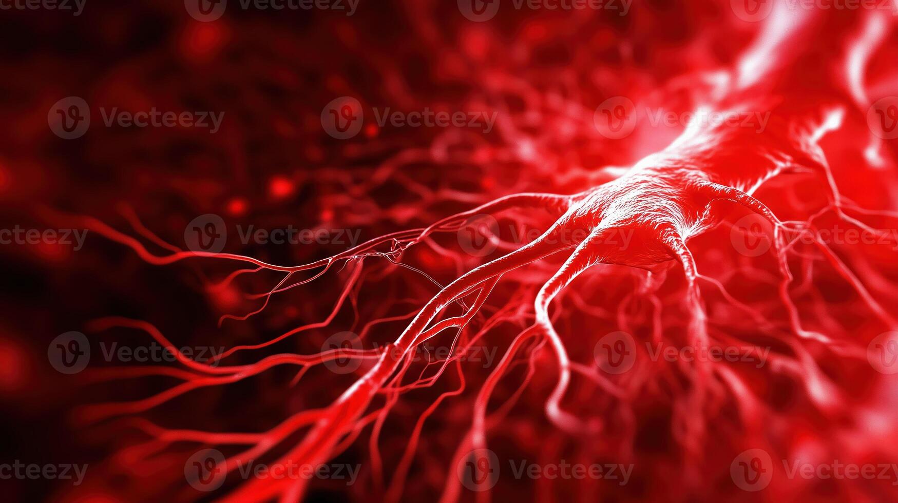 image depicts close up view of network of blood vessels, showcasing intricate details and vibrant red color. This representation highlights complexity and beauty of circulatory system, evoking sense photo
