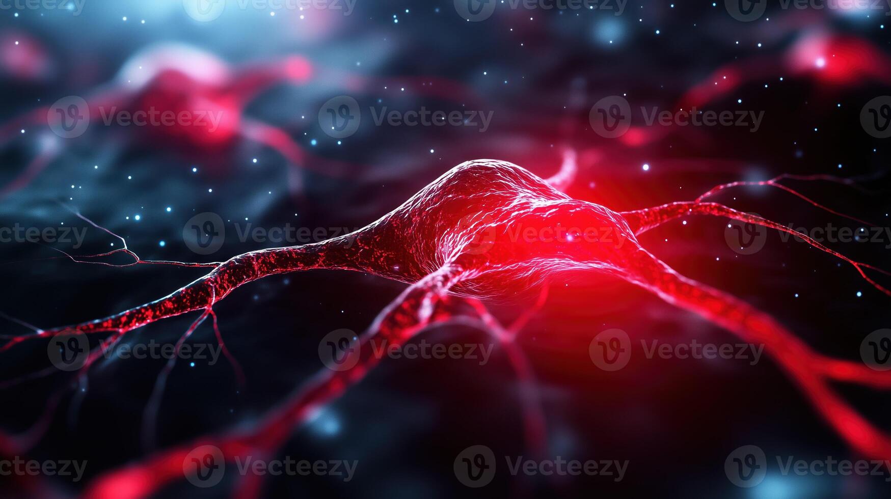 close up view of neuron illuminated in red, showcasing its intricate structure and connections against dark, starry background. This captures beauty of neural networks and their complexity photo