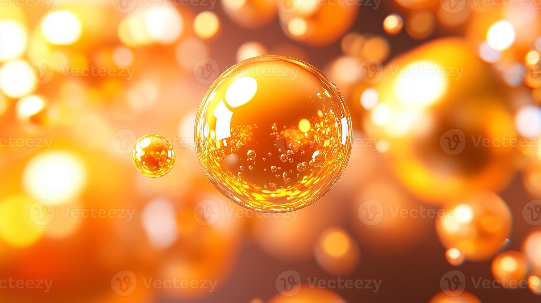 Bubbles float gracefully in warm, orange toned atmosphere, creating mesmerizing visual effect. interplay of light and reflections adds depth and vibrancy to scene photo