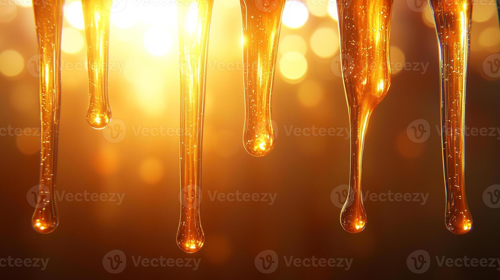 Golden honey dripping in warm, glowing light creates mesmerizing and sweet atmosphere. shimmering texture and vibrant color evoke feelings of warmth and indulgence photo
