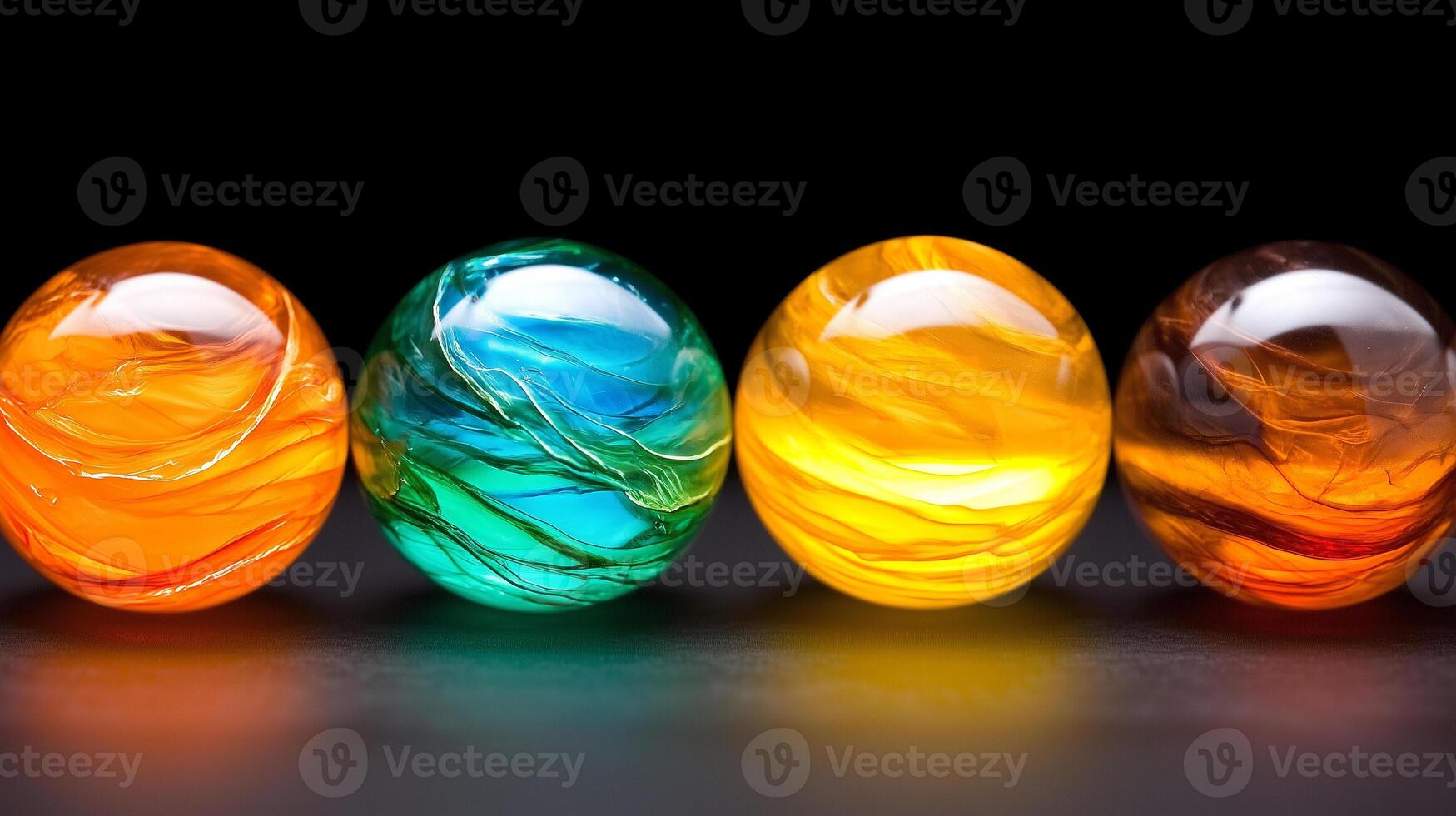 Colorful glass marbles in vibrant hues of orange, blue, and yellow create striking visual display, showcasing their unique swirls and patterns photo