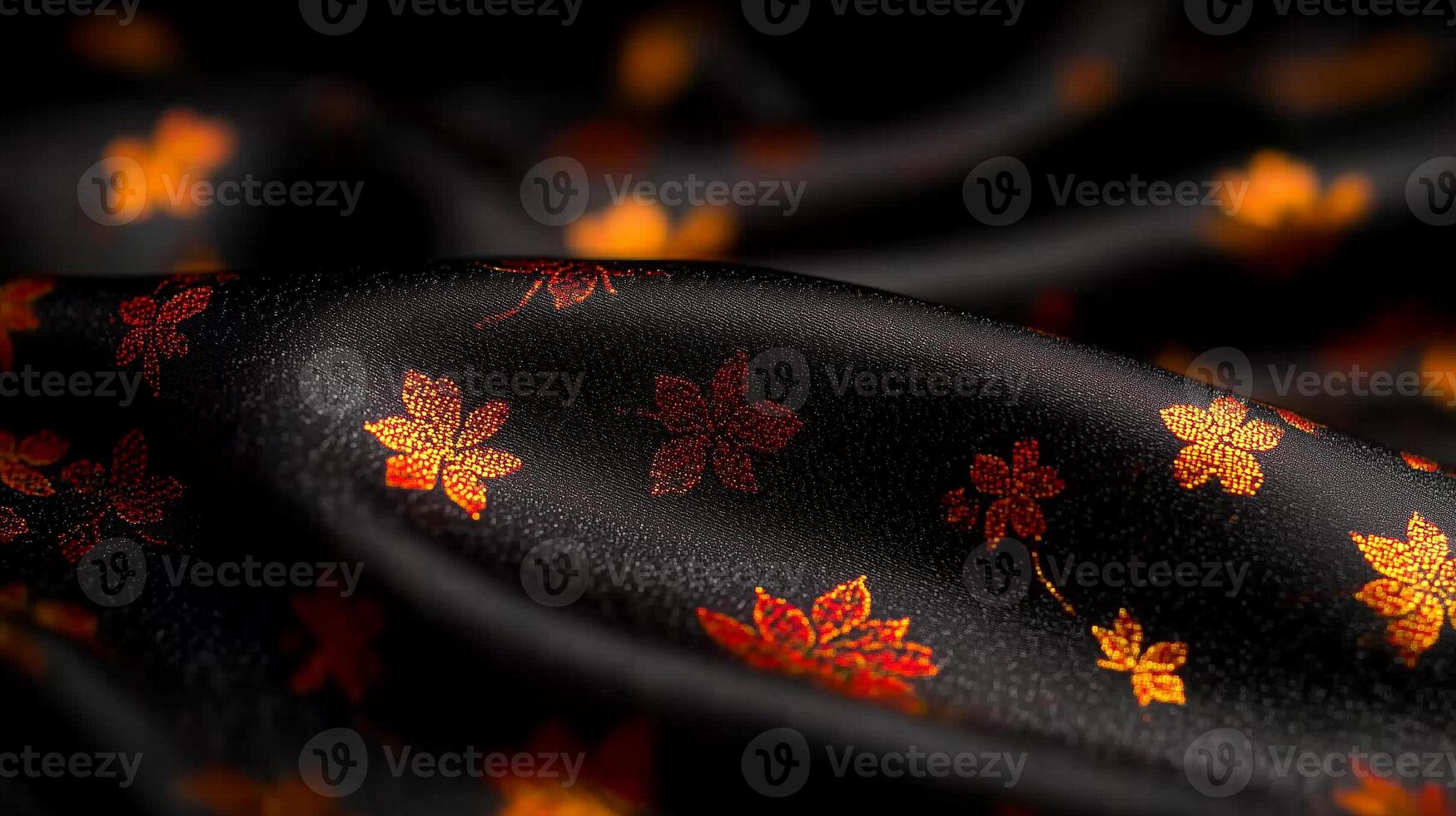 Luxurious black fabric with intricate orange and gold leaf patterns, creating rich and elegant texture. shimmering design adds depth and warmth, perfect for sophisticated decor photo