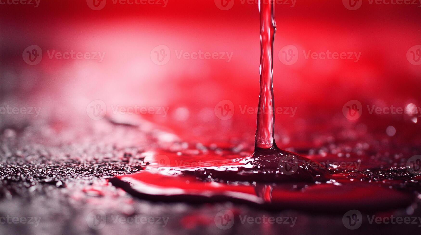 close up view of vibrant red liquid flowing and pooling on textured surface, creating striking visual effect. rich color and smooth texture evoke sense of drama and intensity photo