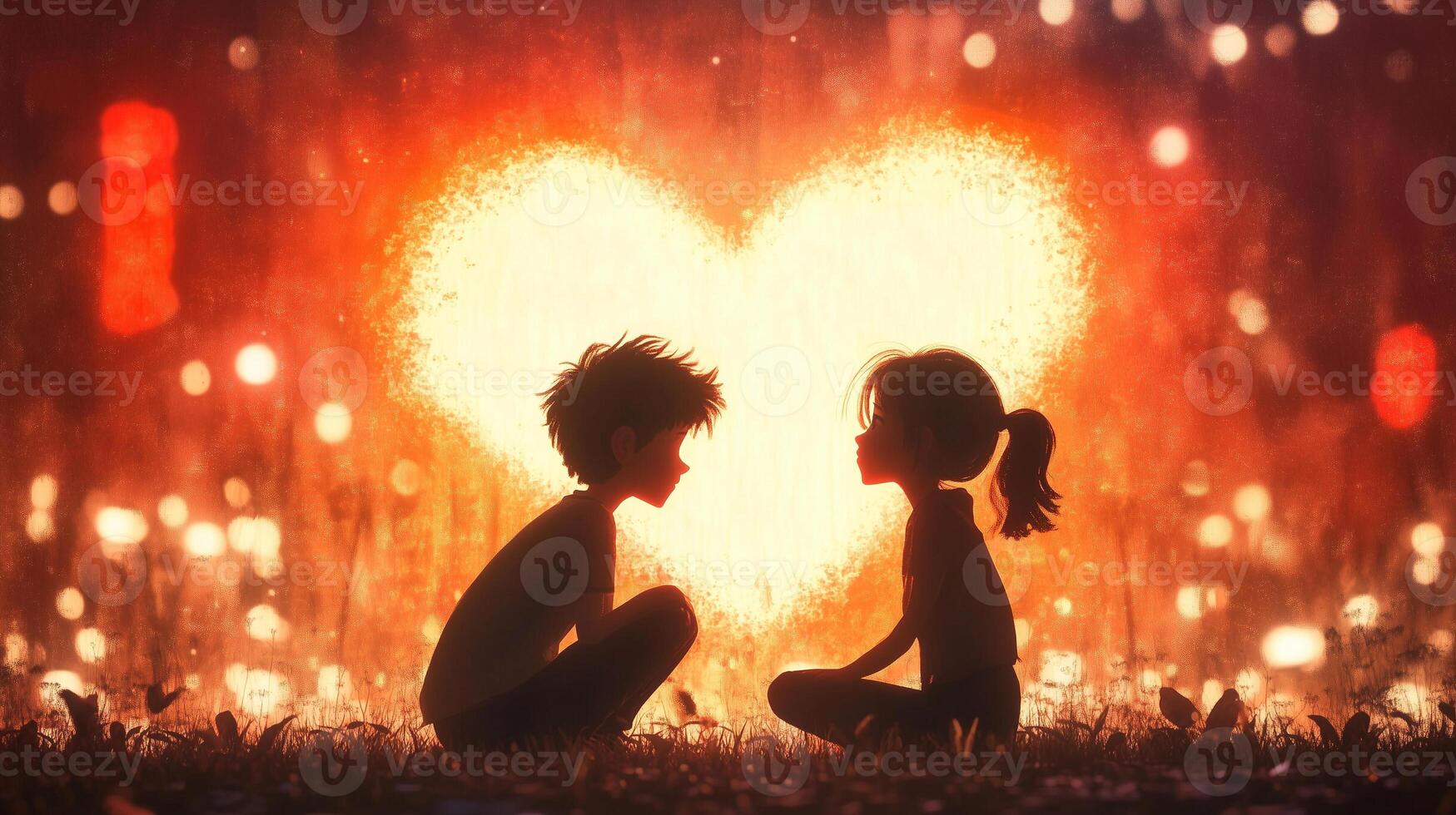 heartwarming scene of two children sitting together, silhouetted against glowing heart backdrop. Their expressions convey innocence and joy, capturing moment of friendship and connection photo