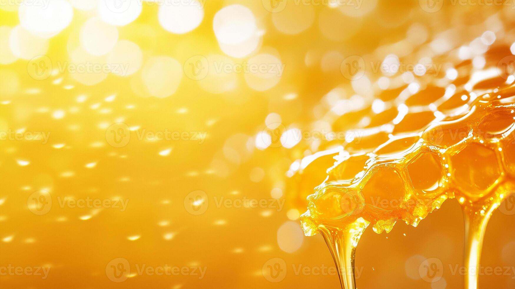 Golden honey drips from honeycomb, creating warm and inviting atmosphere. vibrant yellow hues and soft bokeh background enhance natural sweetness and richness of honey photo
