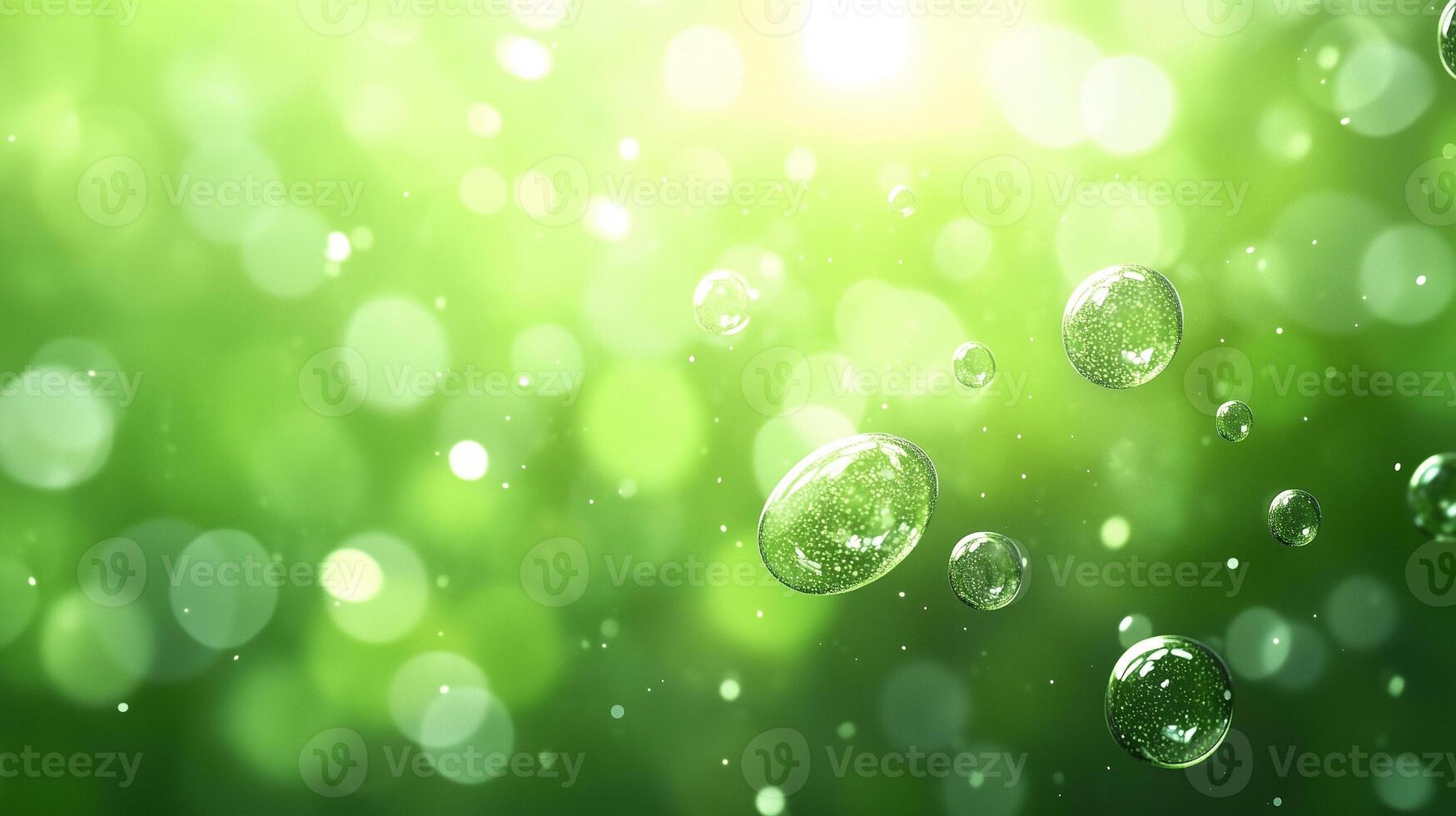 Bright green bubbles float gracefully in soft, dreamy background filled with shimmering light. This enchanting scene evokes sense of tranquility and freshness photo