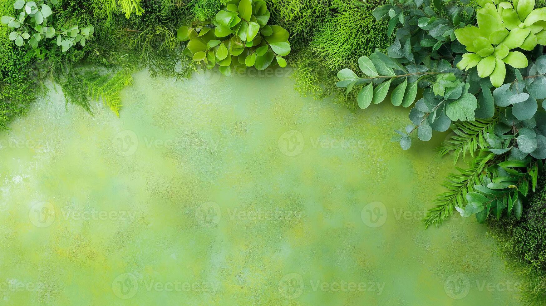vibrant green background featuring various types of lush foliage, creating fresh and natural atmosphere. Perfect for nature themed designs or eco friendly projects photo