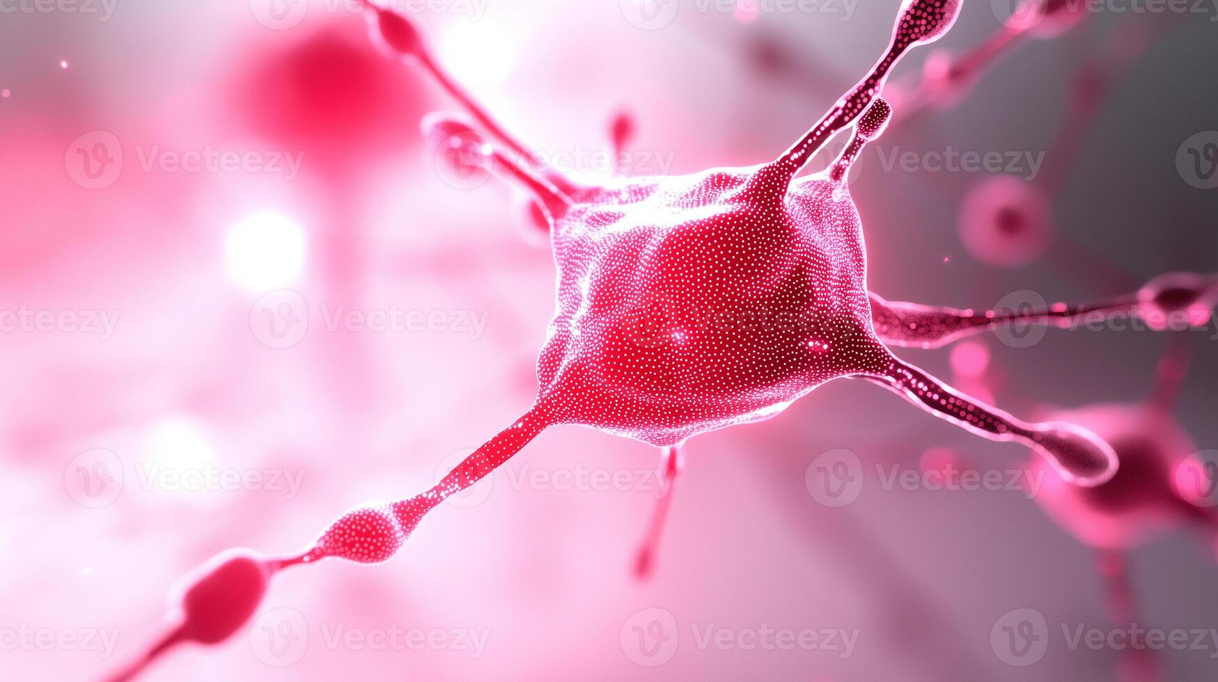 vibrant depiction of neuron, showcasing intricate details and glowing pink hue, representing complexity of neural connections and brain activity photo