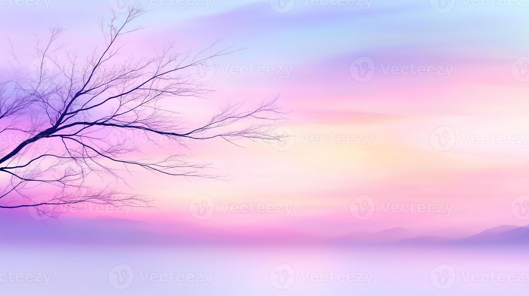 serene landscape featuring delicate tree branch silhouetted against dreamy pastel sky. soft hues of pink, purple, and blue create tranquil atmosphere, perfect for relaxation and reflection photo