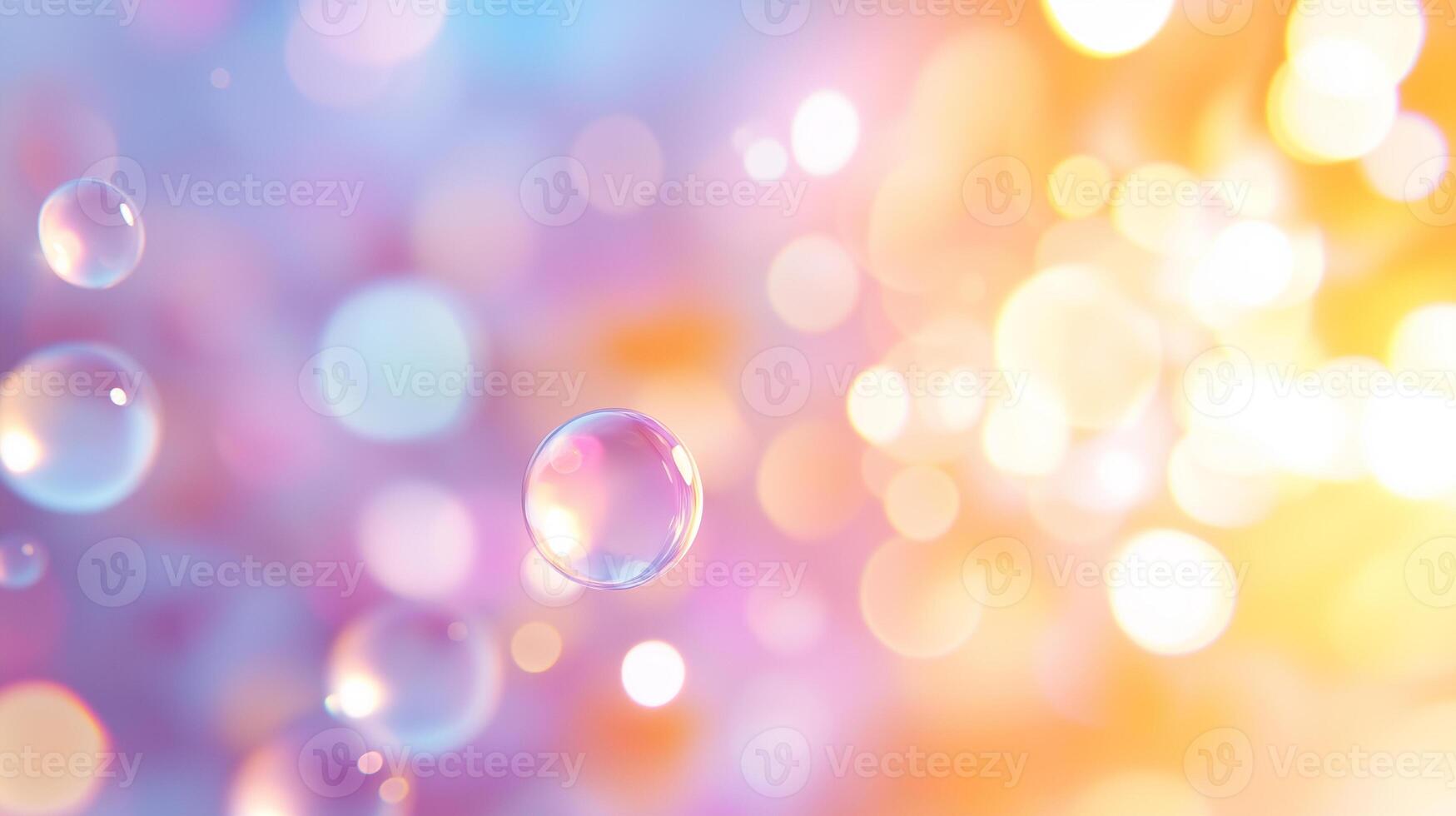 Bubbles float gracefully against dreamy, colorful background filled with soft bokeh lights, creating whimsical and enchanting atmosphere photo