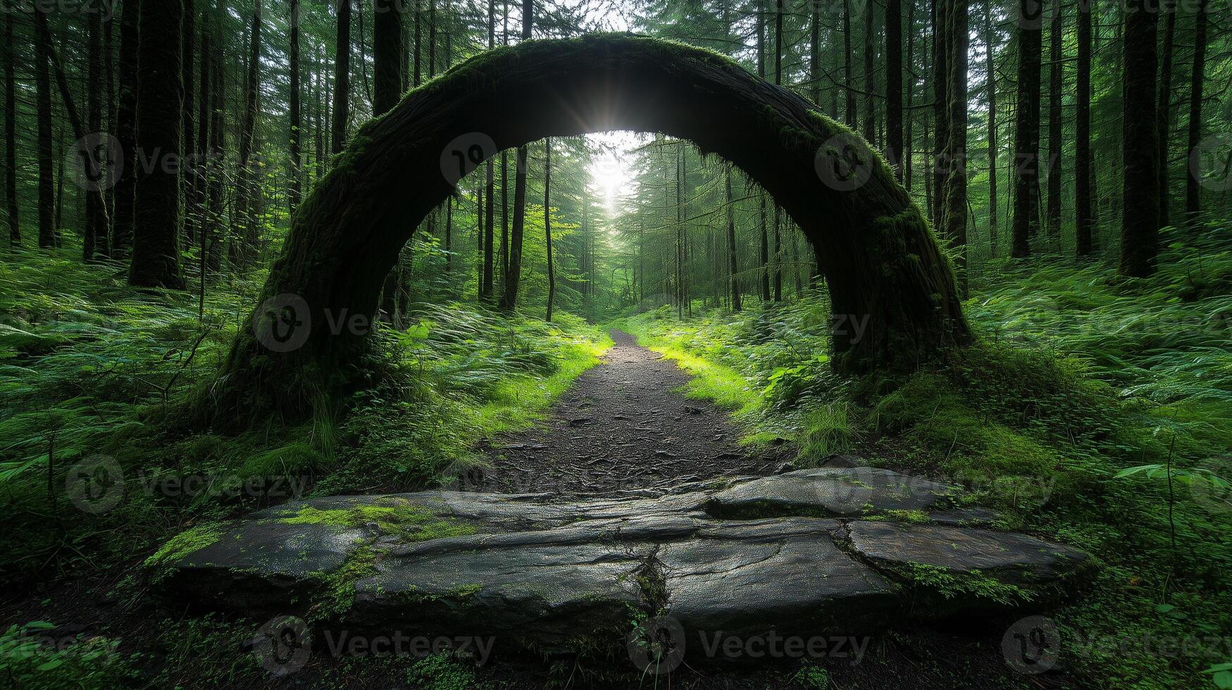 serene forest scene featuring moss covered archway formed by tree, leading to tranquil path surrounded by lush greenery. sunlight filters through trees, creating magical atmosphere photo
