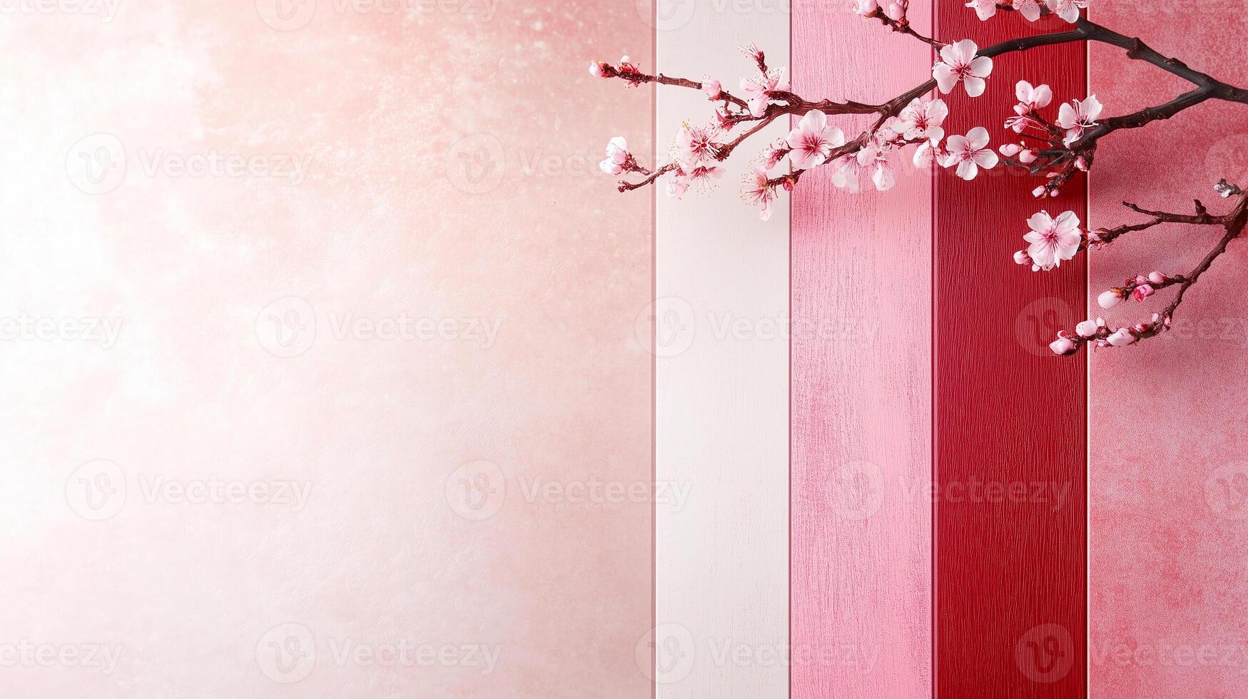 Blossoming cherry branches contrast beautifully against soft pink background, creating serene and tranquil atmosphere. delicate flowers add touch of elegance to vibrant colors photo