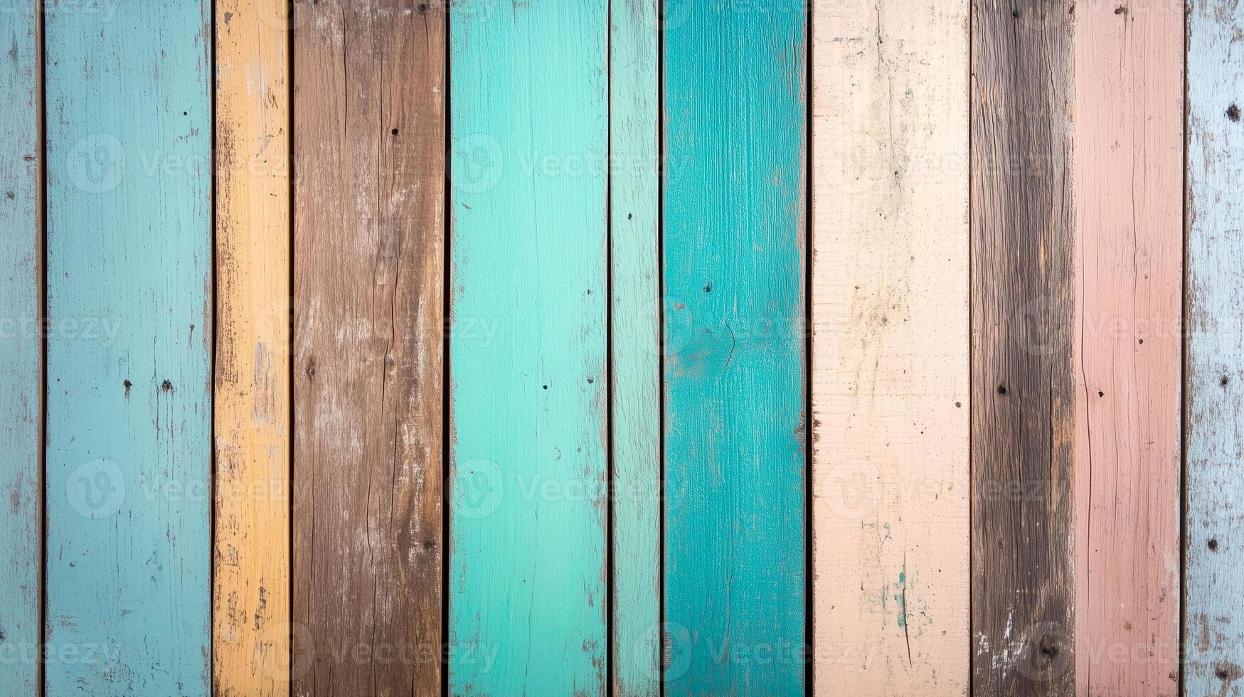 Colorful wooden planks create vibrant and rustic background, showcasing mix of turquoise, brown, and pastel shades. This textured surface adds warmth and character to any design photo