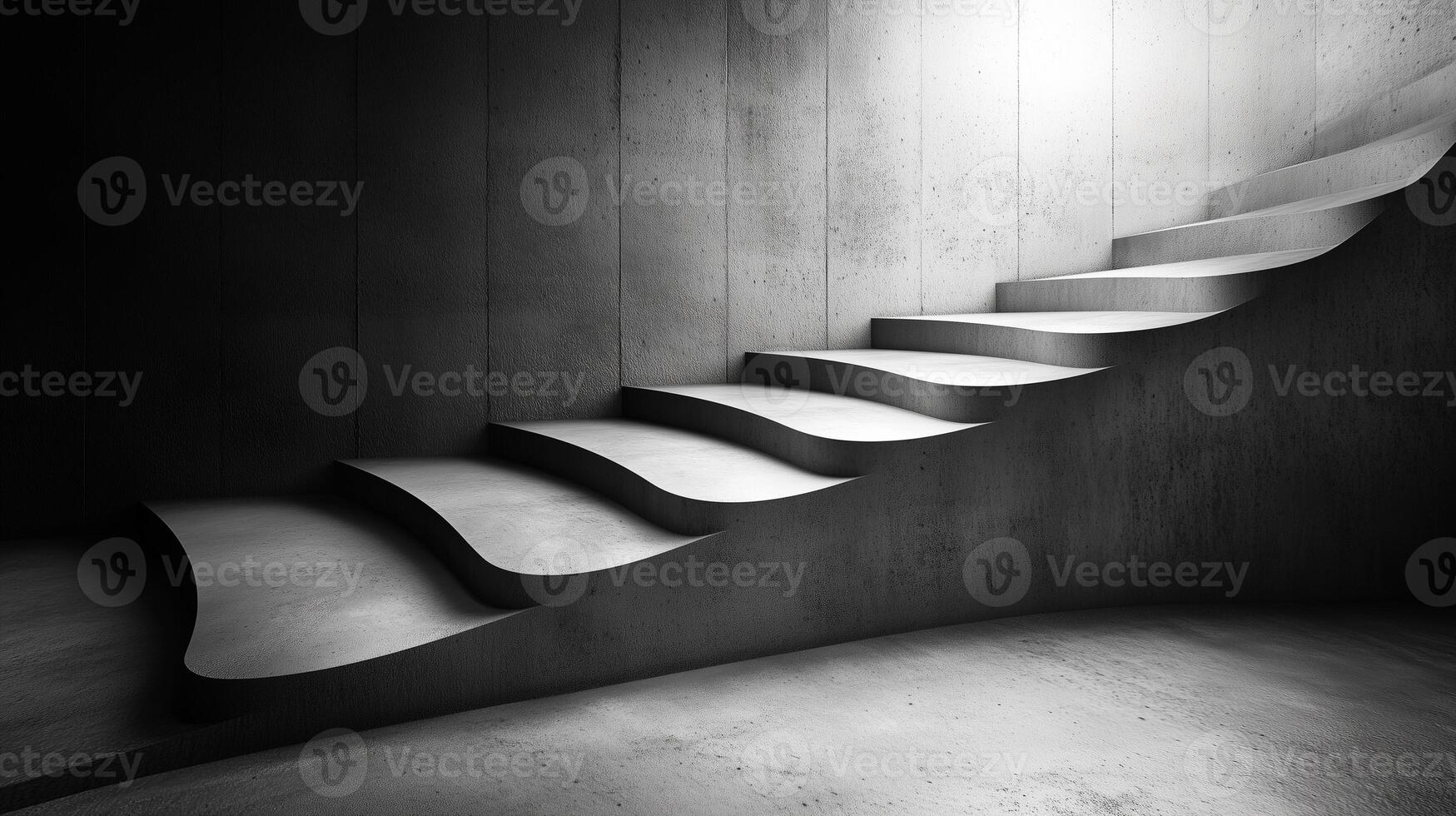 modern, minimalist staircase with smooth, flowing lines leads upward in dimly lit space, creating sense of depth and intrigue. concrete texture adds industrial feel to design photo