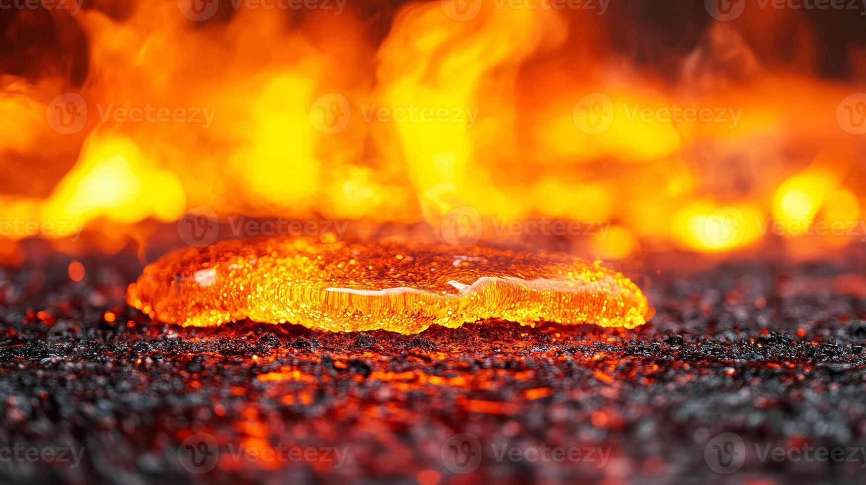 Lava flows create mesmerizing display of heat and light, with molten rock glowing vividly against dark, textured surface. intense orange and red hues evoke sense of power and transformation photo