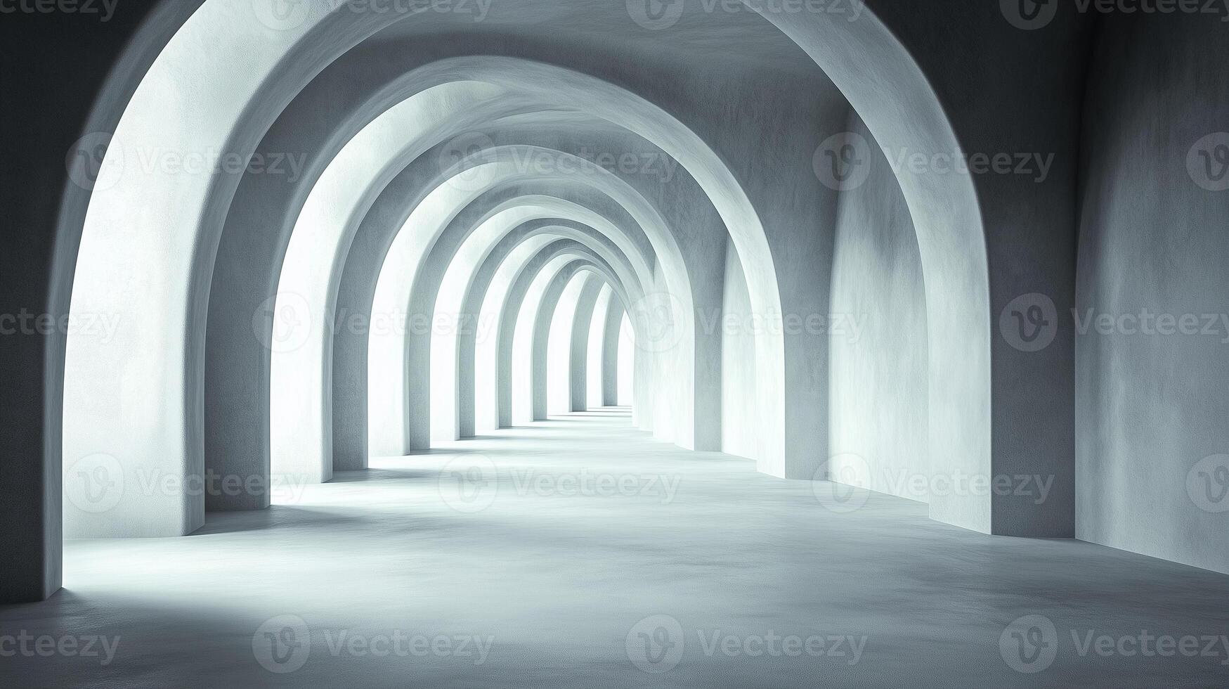 serene and minimalist architectural space featuring series of elegant arches that create sense of depth and tranquility. soft lighting enhances smooth surfaces and clean lines, inviting exploration photo