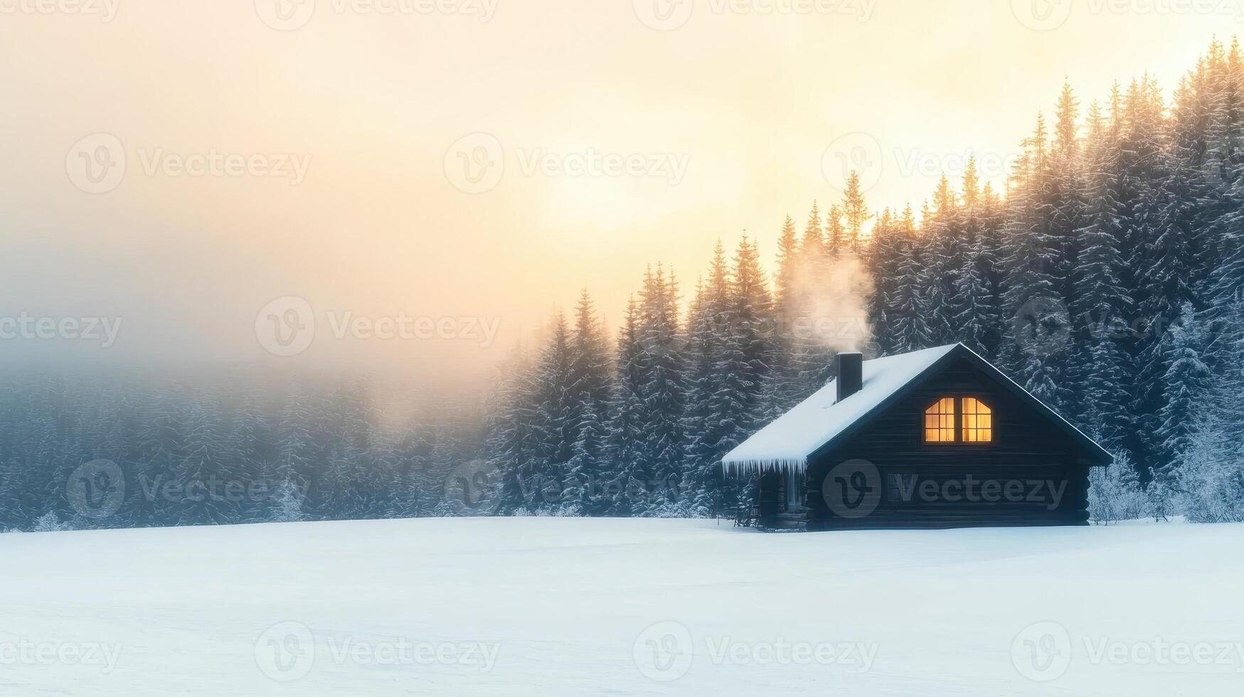cozy cabin nestled in snowy landscape, surrounded by tall evergreen trees. warm glow from window contrasts beautifully with cold, serene atmosphere of winter photo