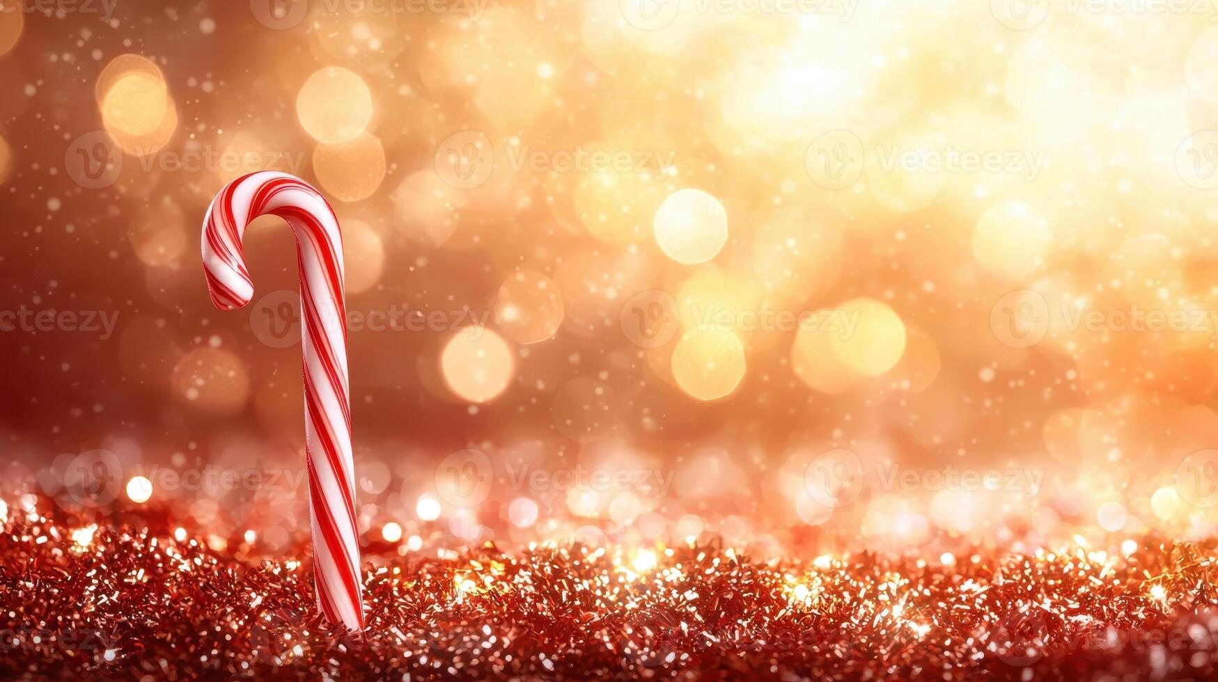 festive candy cane stands out against shimmering golden background, evoking warmth and joy of holiday season. sparkling lights create magical atmosphere photo