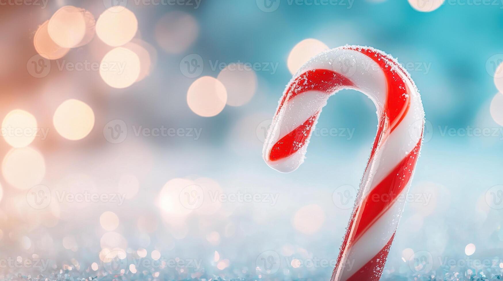 festive candy cane stands prominently against blurred background of soft, colorful bokeh lights, evoking joyful holiday spirit. sugary texture glistens, enhancing seasonal charm photo