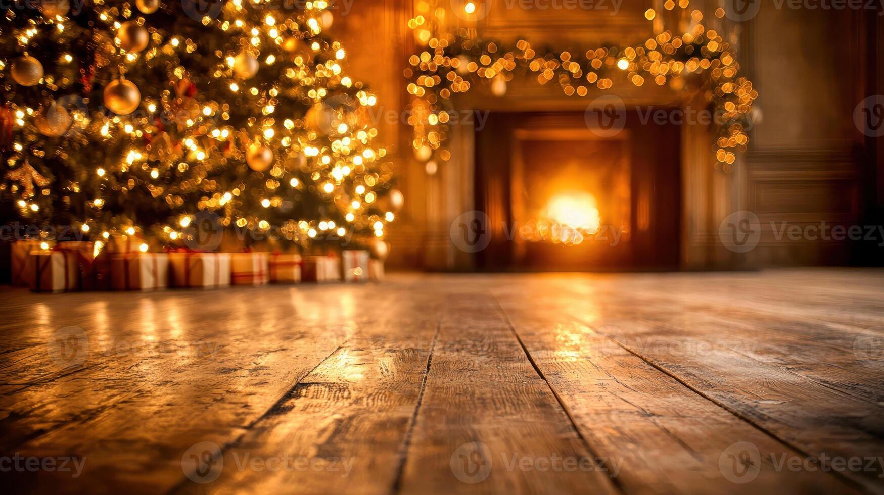 cozy Christmas scene featuring beautifully decorated tree with twinkling lights and warm fireplace glowing in background. wooden floor adds rustic charm to this festive atmosphere photo
