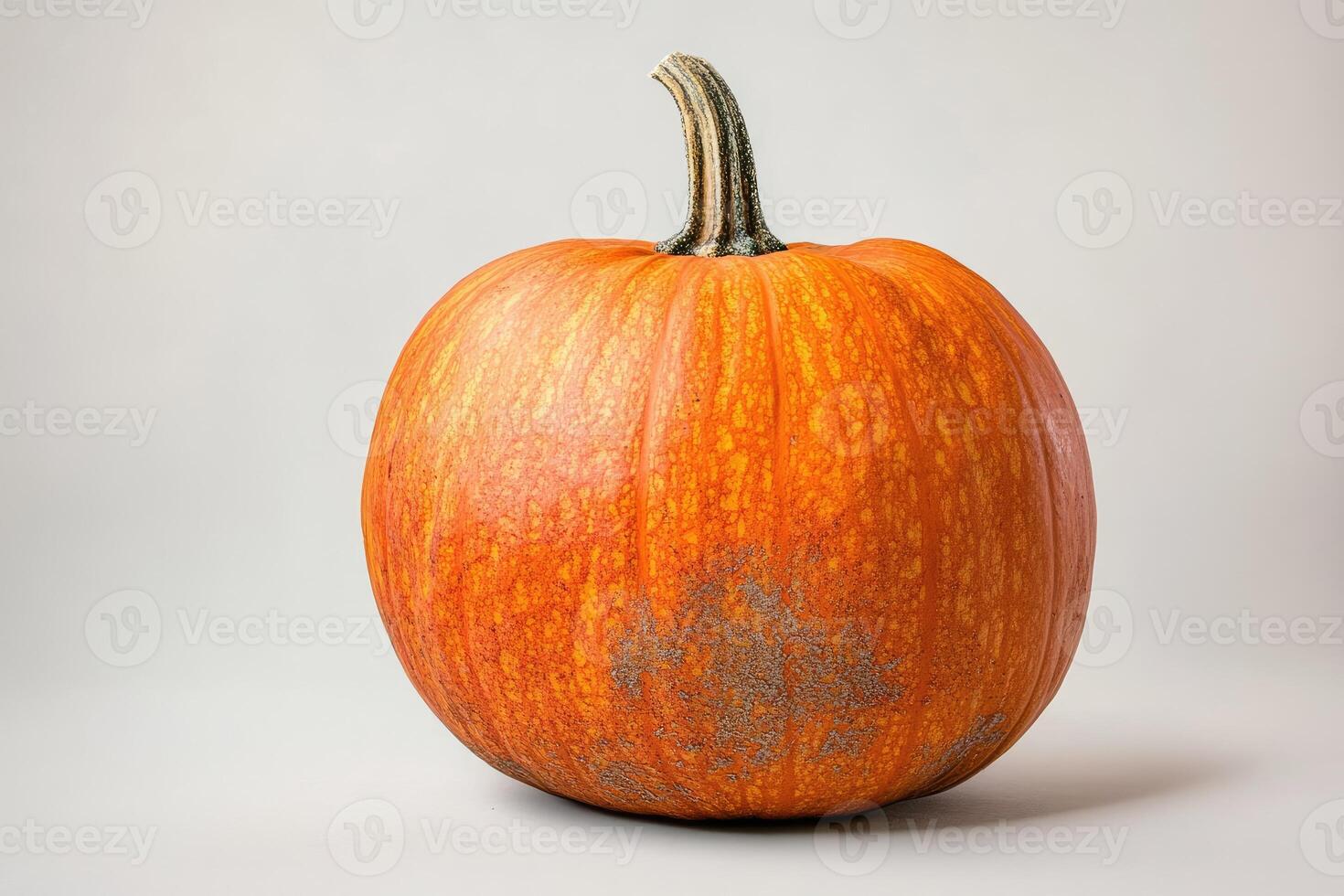 A Single Orange Pumpkin with a Green Stem on a White Background photo