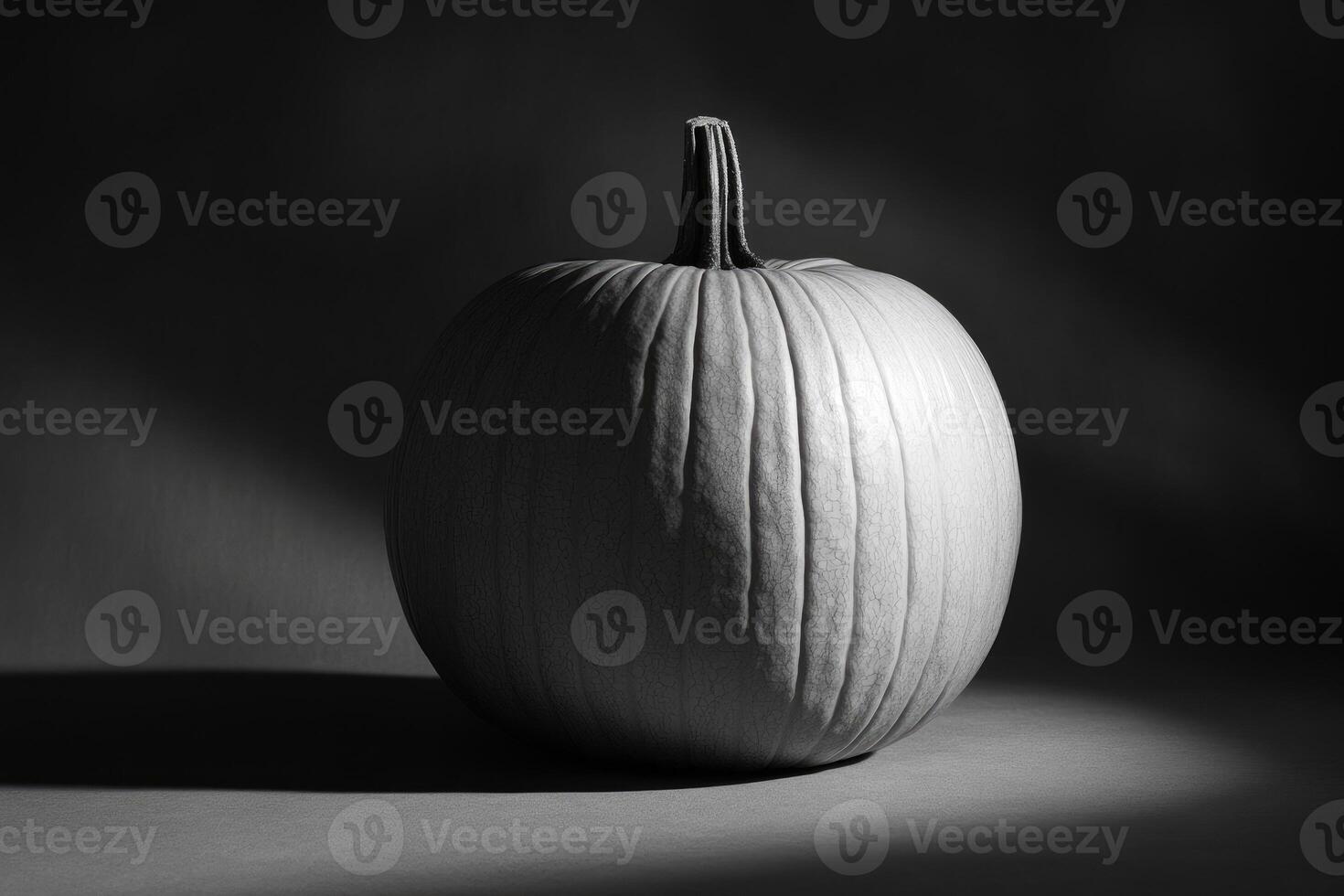 A Single White Pumpkin with a Rough, Cracked Texture, Illuminated from Above, Resting on a Dark Surface photo