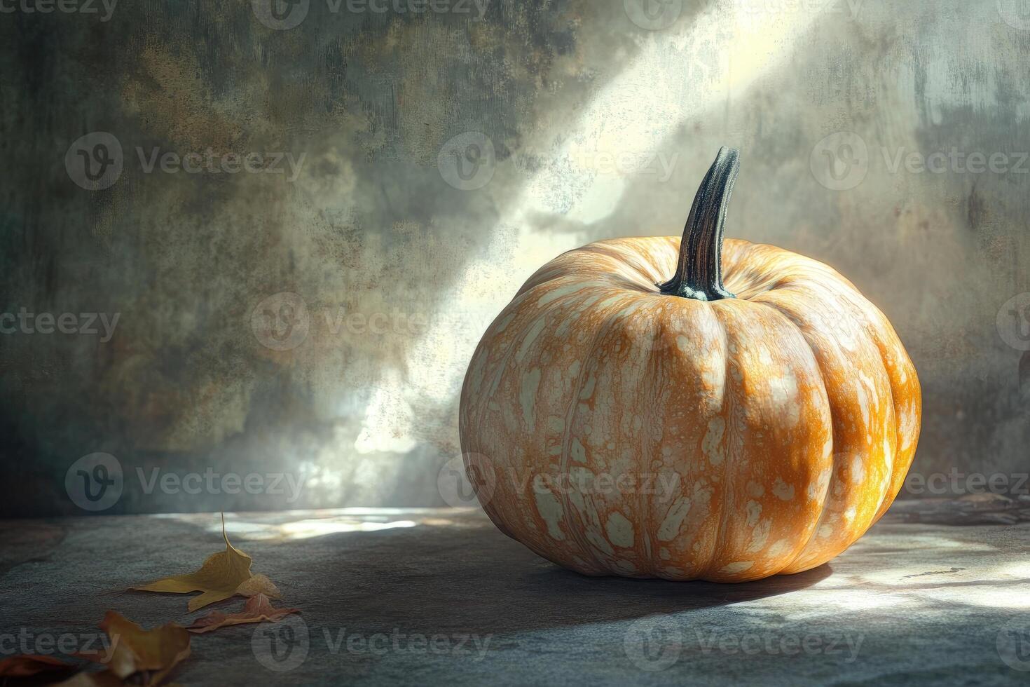 A Single Pumpkin with Speckled Skin Resting on a Stone Surface photo