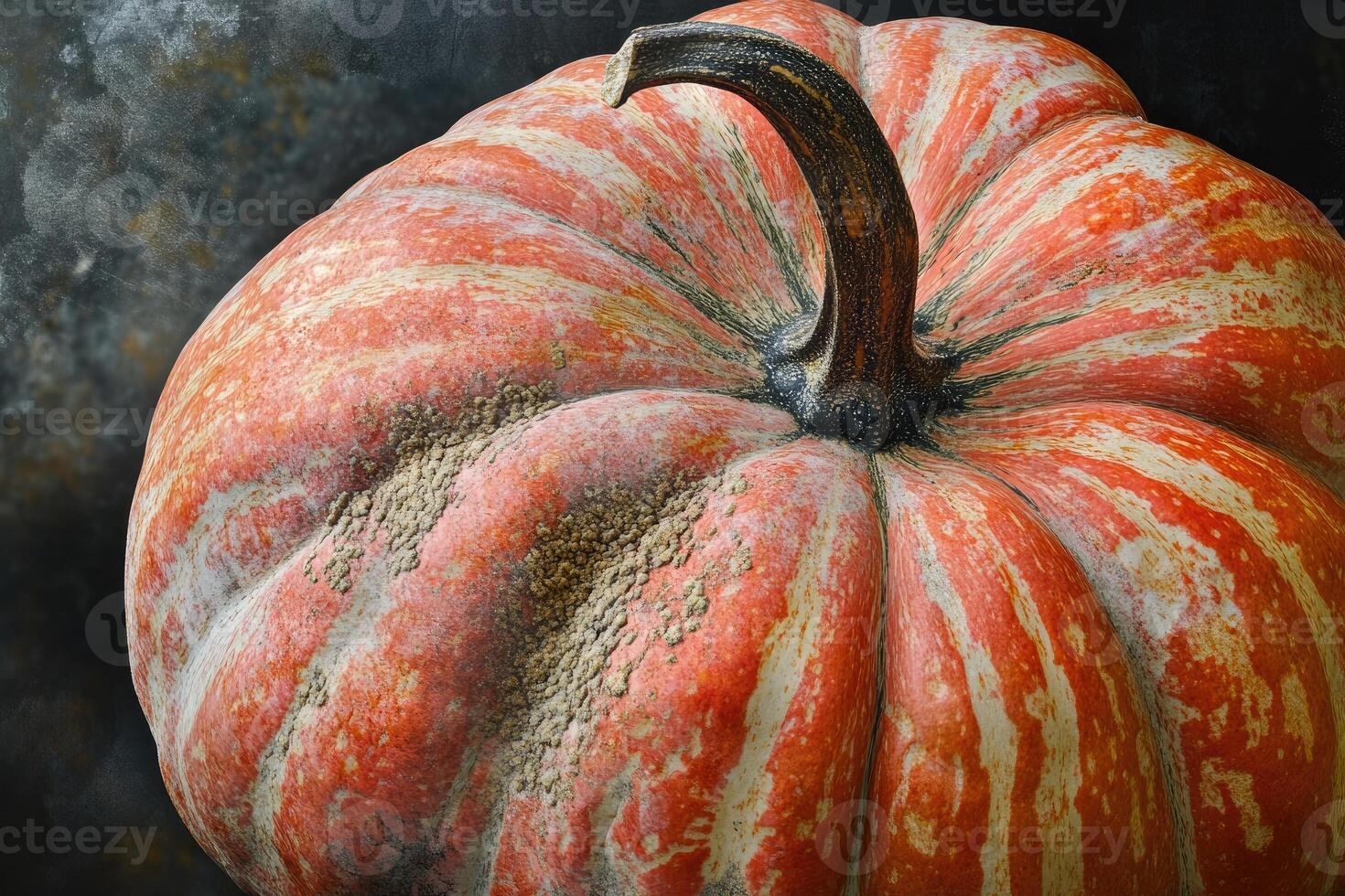 Close-Up of a Striped, Orange Pumpkin with a Dark Stem photo