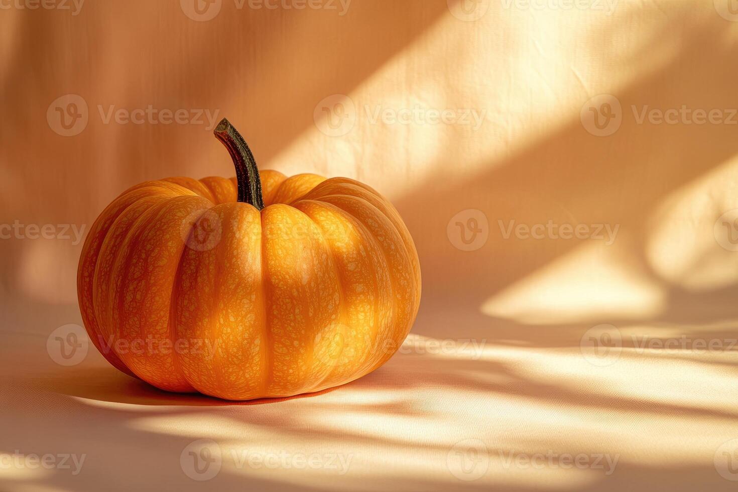 A Single Orange Pumpkin on a Tan Surface with Sunlight and Shadow photo