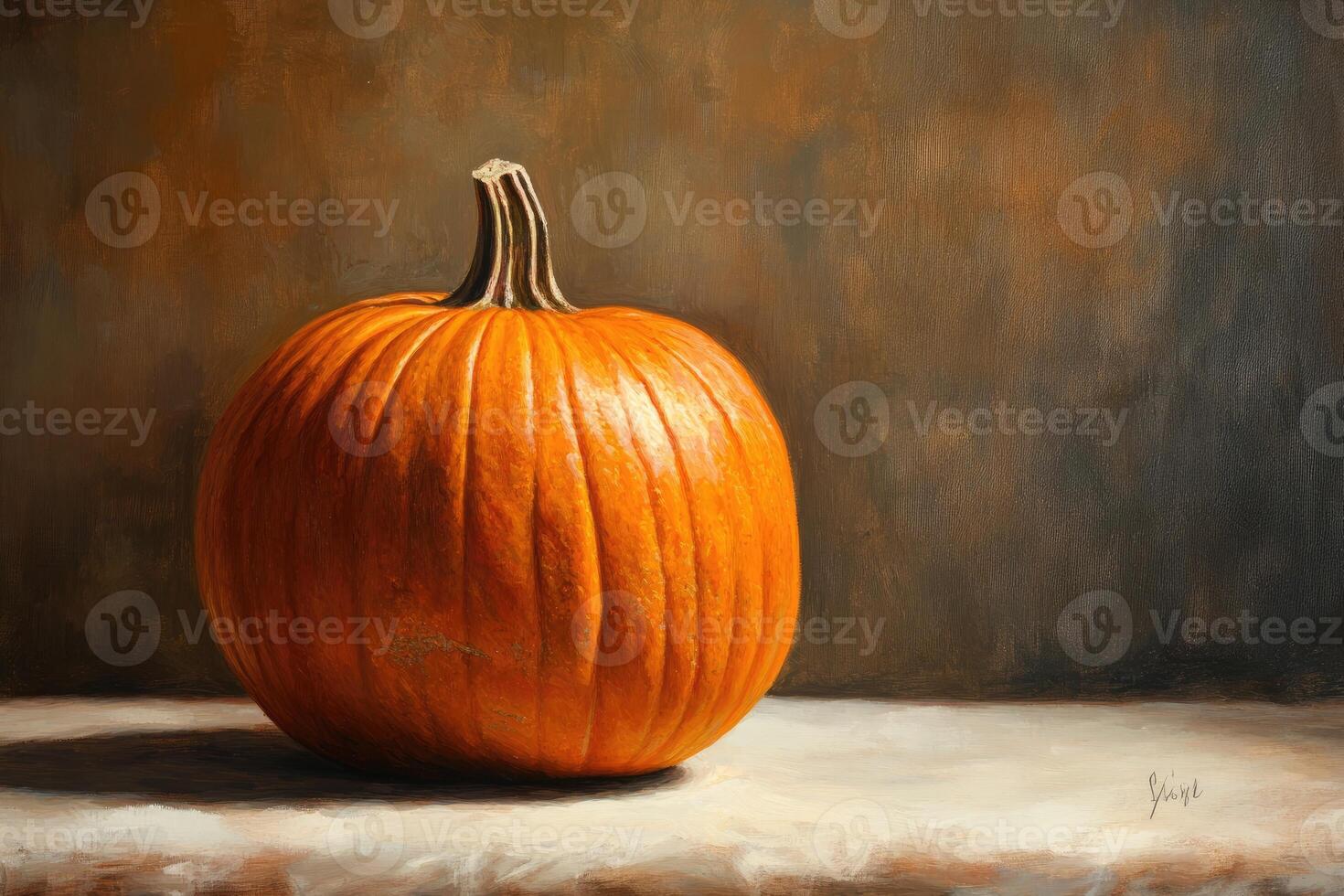 A Single Ripe Orange Pumpkin Resting on a White Table photo