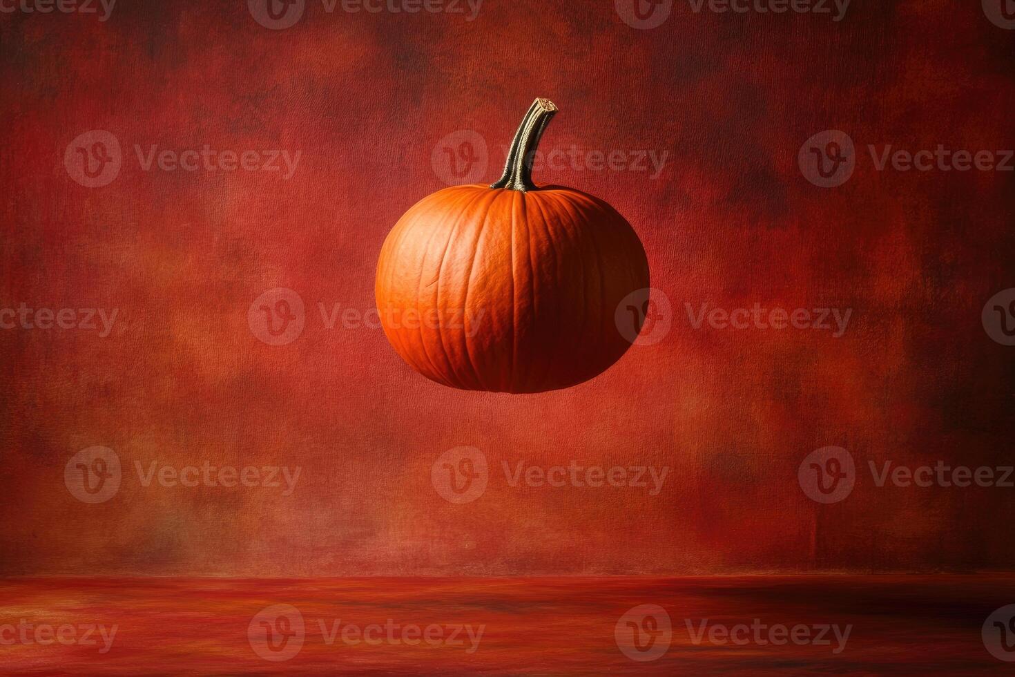 A Single Pumpkin Floating Against a Red Background photo
